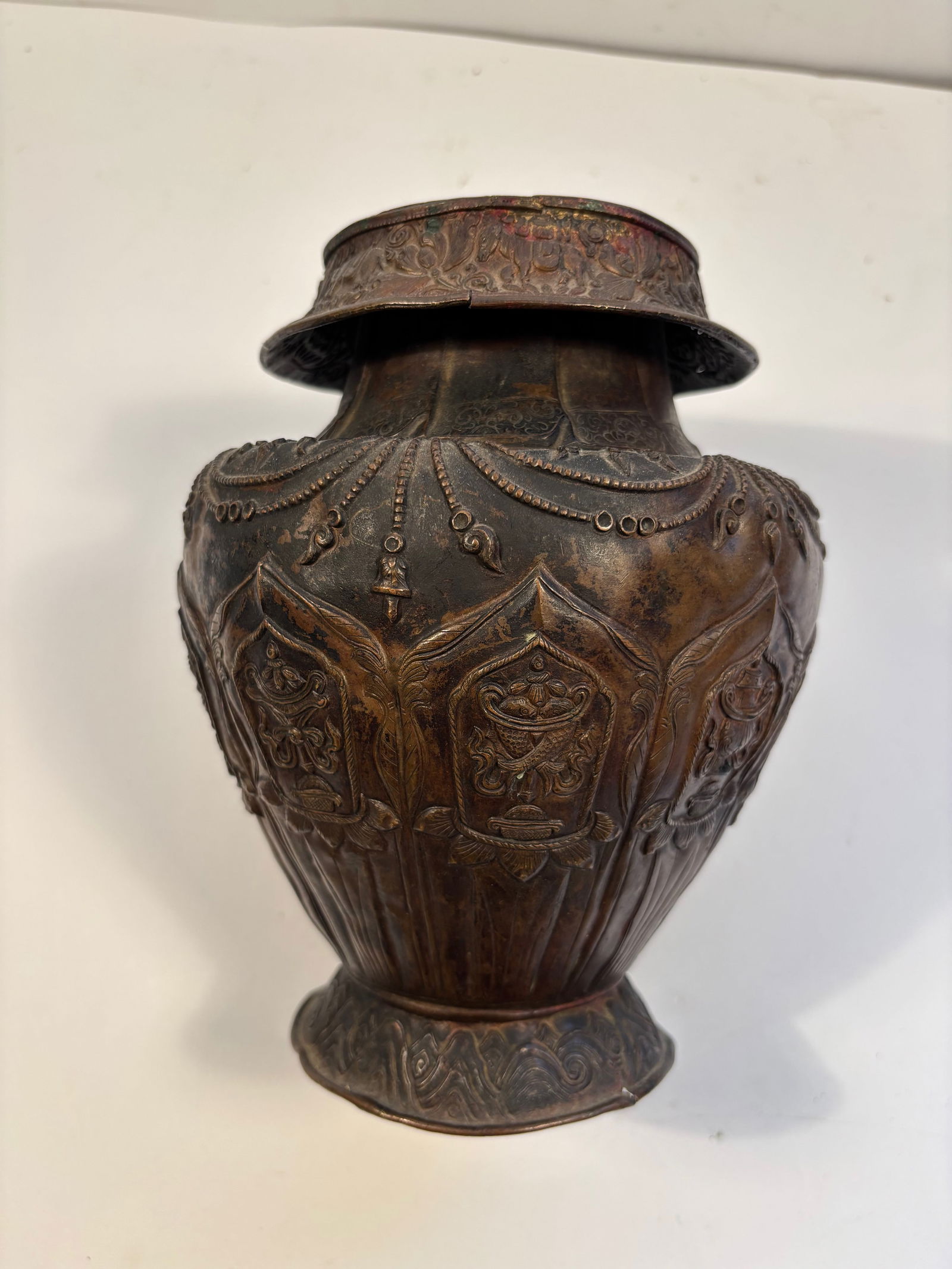 A Tibetan copper vase with hand etced Hidden Eight Immortals: 19th Century, Dimensions?Height: 8 inches