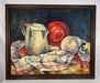 Betty Sills (20th Century, Illinois) – Still Life with Enamelware, Oil on Canvas: An oil on canvas still life by Illinois artist Betty Sills, depicting a white enamel coffee pot, a red enamel pan, a mug, and kitchen utensils arranged on a checkered cloth. Painted in bold brushstrok