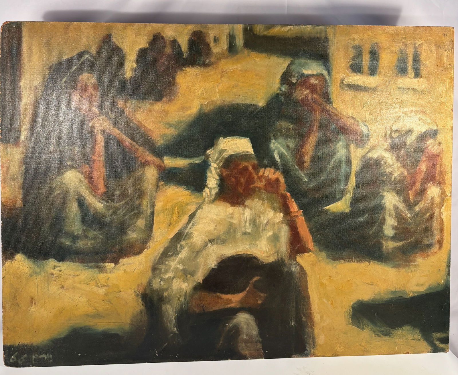 Seated Veiled Women in Sunlight, signed “Pali…?? and dated 1966, Oil on Canvas laid on Board: A sensitively rendered mid-20th century oil painting depicting a group of veiled women seated outdoors under warm sunlight, engaged in quiet contemplation or mourning. Executed in a loose impressionis