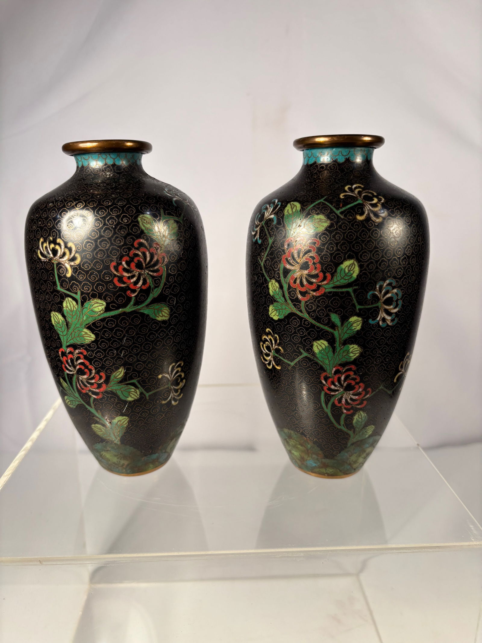 Pair of Chinese Cloisonné Enamel Vases with Chrysanthemum Design (1 of 14)