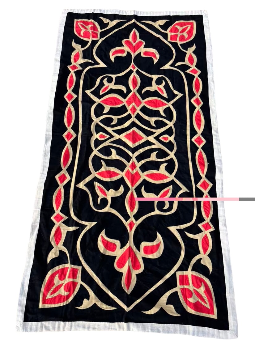 Vintage Egyptian Khayamiya Appliqué Textile, 35 × 68 in, Red and Ivory on Black (1 of 8)