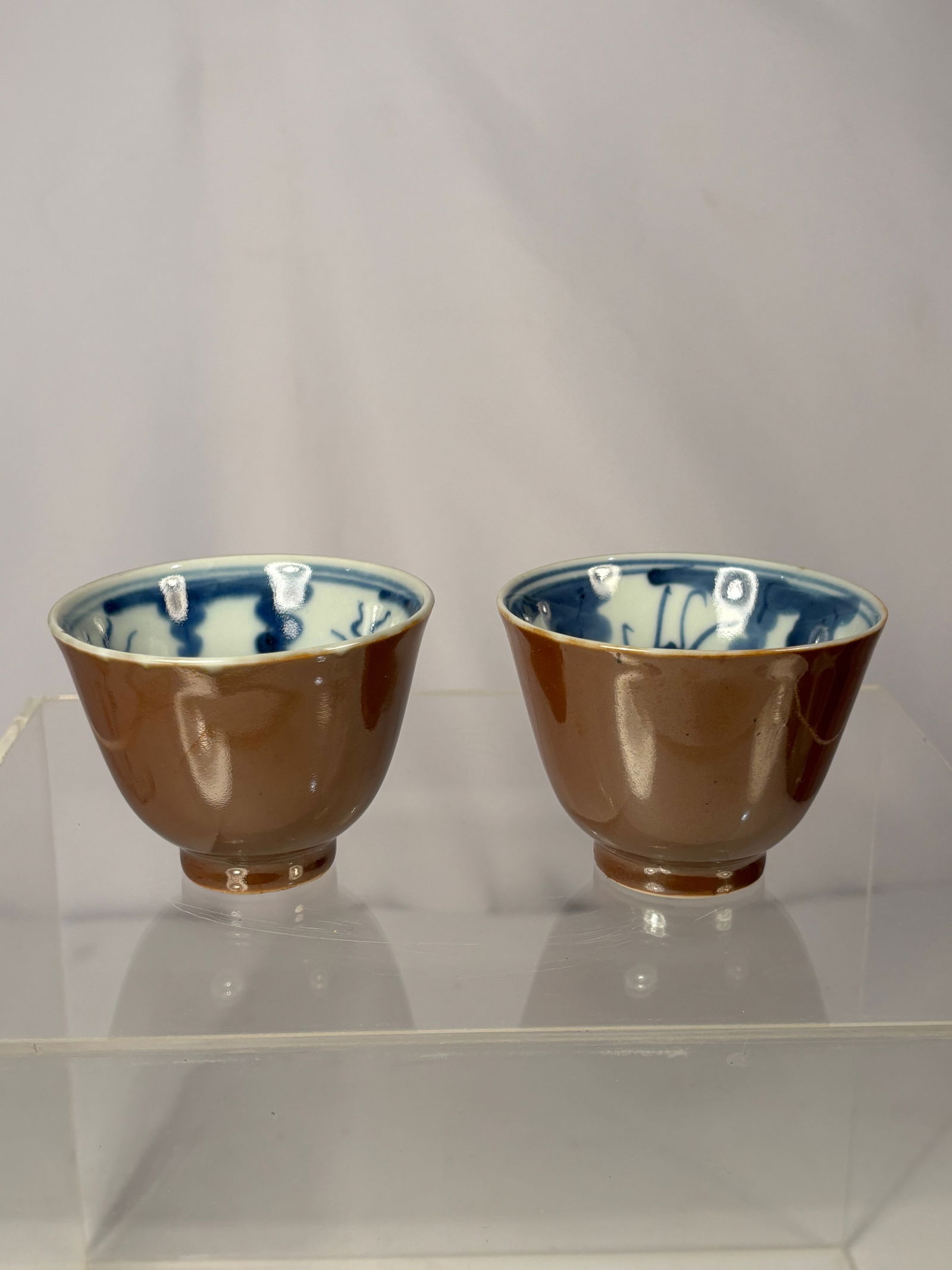 Pair of Chinese Brown-Glazed Cups with Blue and White Interior (1 of 13)