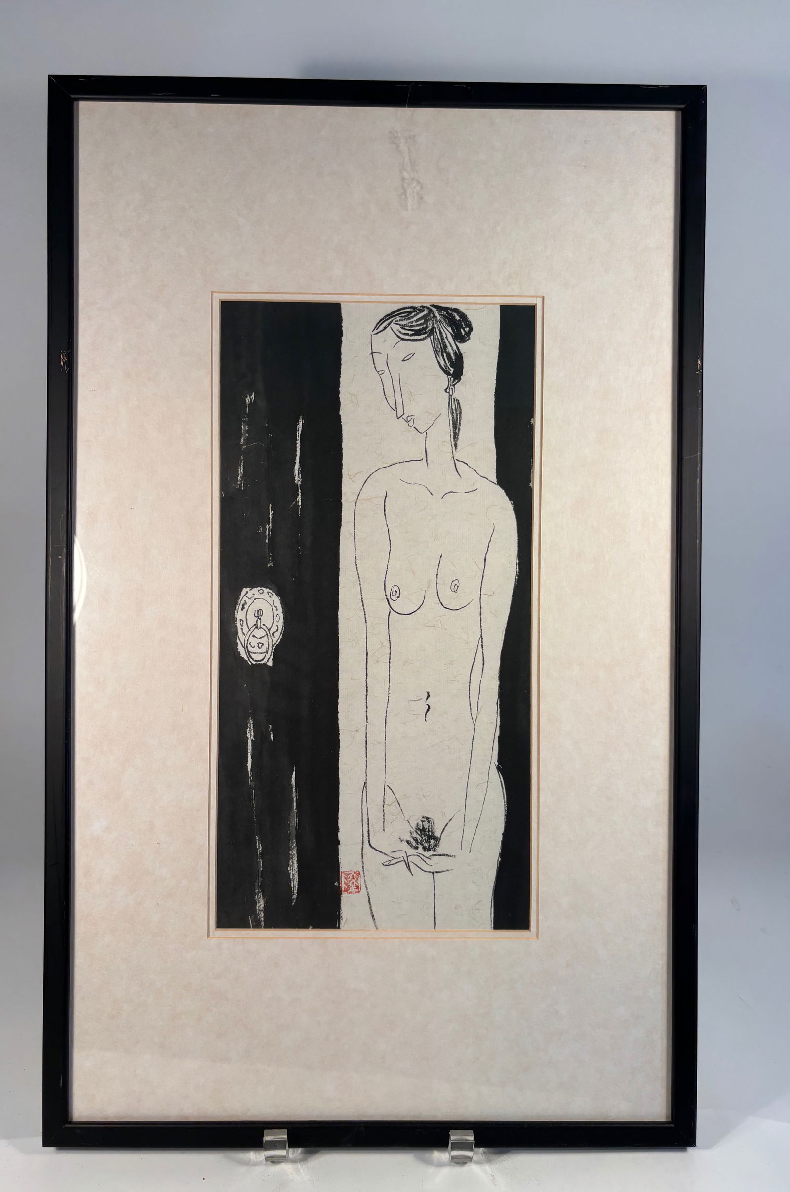 A Chinese Ink Painting of a Seated Nude Woman with Seal Mark "LU": Ink painting on paper, dipicting a nude woman in front of a vertical black panel. ?Dimensions?SIZE: 21.5 INCHES X 13 INCHES.