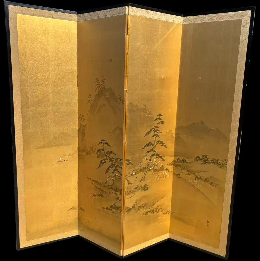 Japanese Landscape Folding Screen (By?bu), Signed Gak? , Bamboo-Backed, Edo–Meiji Period (1 of 14)