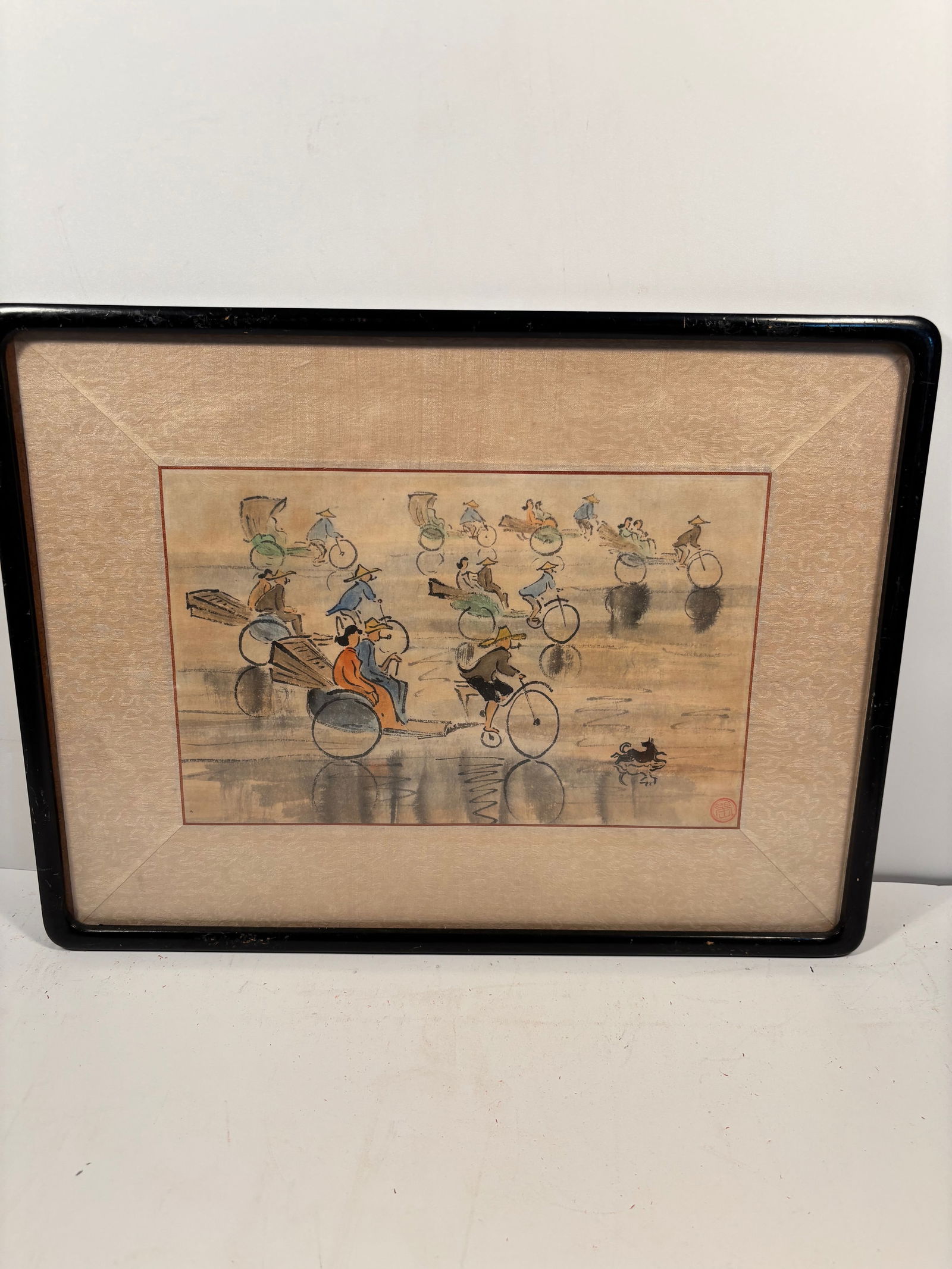 A Chinese water color painting "Bicycle street" ,unknown artist: early 20th Century , Unknown artist, Dimensions?17" x 12.5".