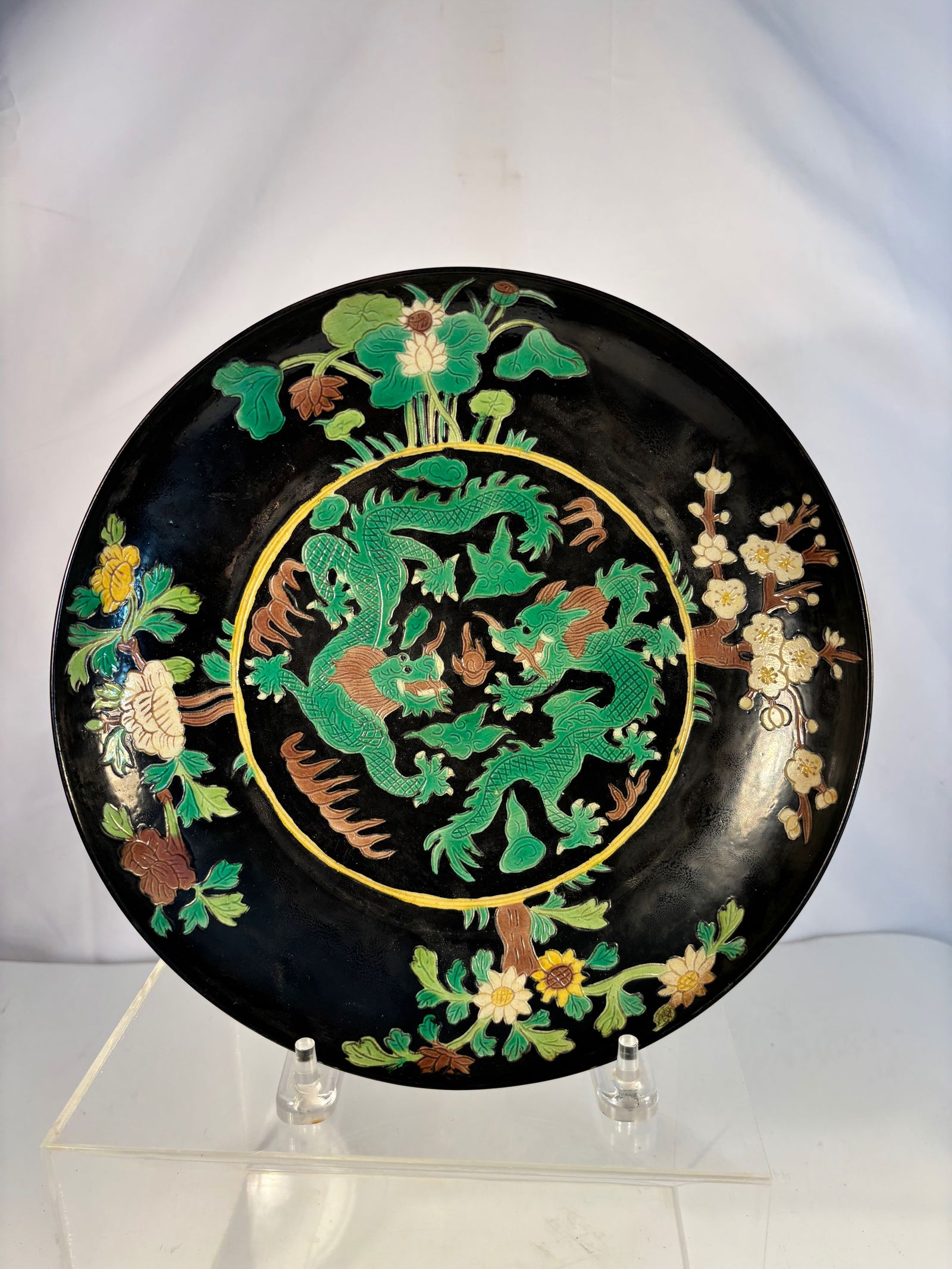 Chinese Black-Ground Porcelain Dish with Molded Dragon and Floral Design, Kangxi Mark, (1 of 15)