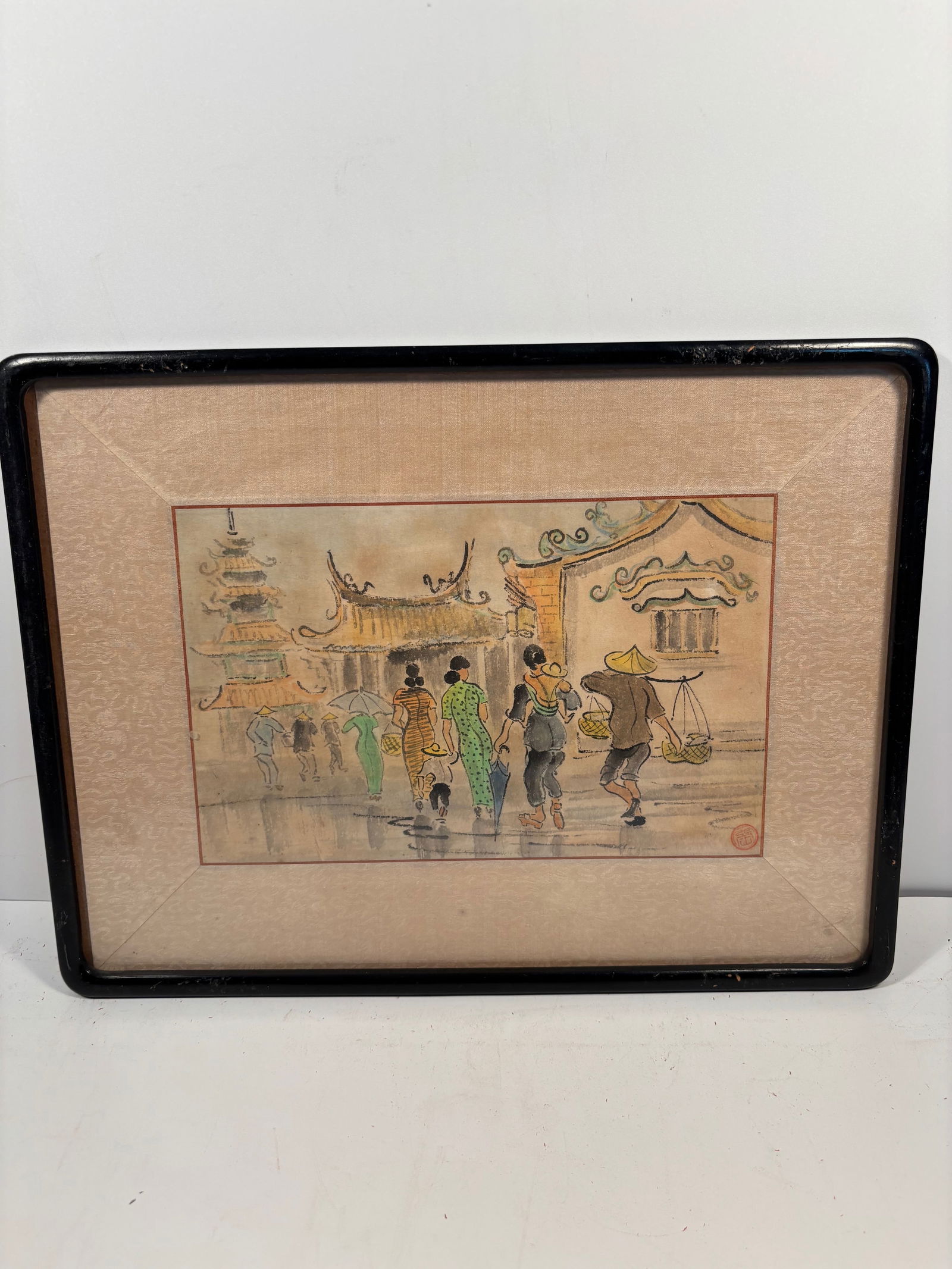 A Chinese water color painting "Temple Gate and People" ,unknown artist: early 20th Century , Unknown artist, The figures are dressed in cheongsam (qipao) and traditional farmer attire, indicating an early 20th-century setting.Dimensions?17" x 12.5".