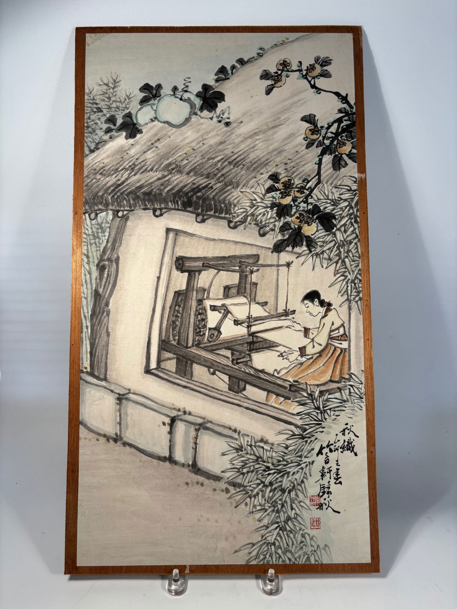 Weaving Woman – Traditional Korean Ink and Color Painting, 19th Century, Seal ‘Geumchu: A delicately rendered traditional Korean ink and color painting from the 19th century, depicting a woman weaving at a loom inside a thatched-roof home. The piece captures the quiet diligence of rural