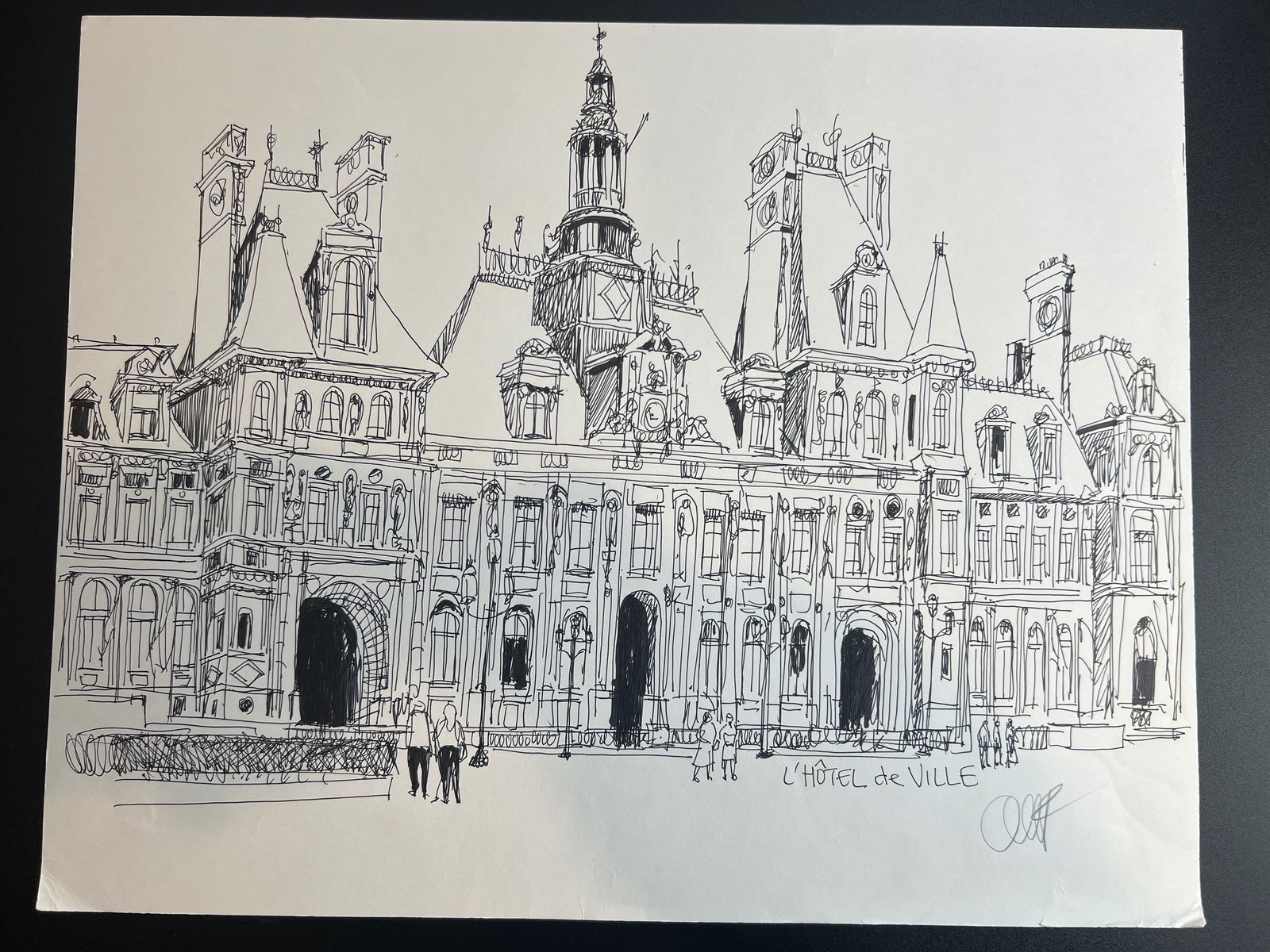 Pen-and-ink architectural Sketch “L’Hôtel de Ville in Paris " signed by William Orlandorf: William Orlandorf (American, 1924-1996), was a lifelong Chicago resident and world recognized artist sketched and painted Chicago and the cities of Europe for over 30 years. Bill's style is neo-impres
