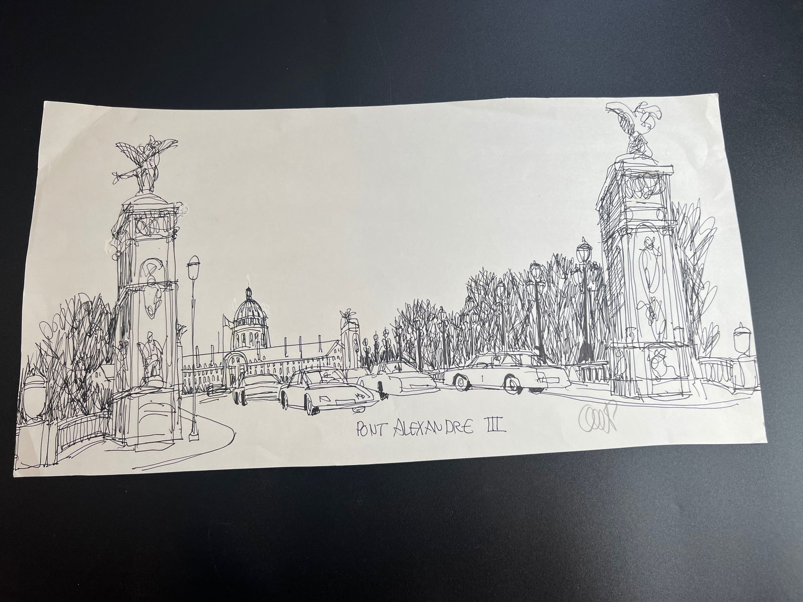 Pen-and-ink architectural Sketch “Pont Alexandre III,?? a famous bridge in Paris, France. ": William Orlandorf (American, 1924-1996), was a lifelong Chicago resident and world recognized artist sketched and painted Chicago and the cities of Europe for over 30 years. Bill's style is neo-impres