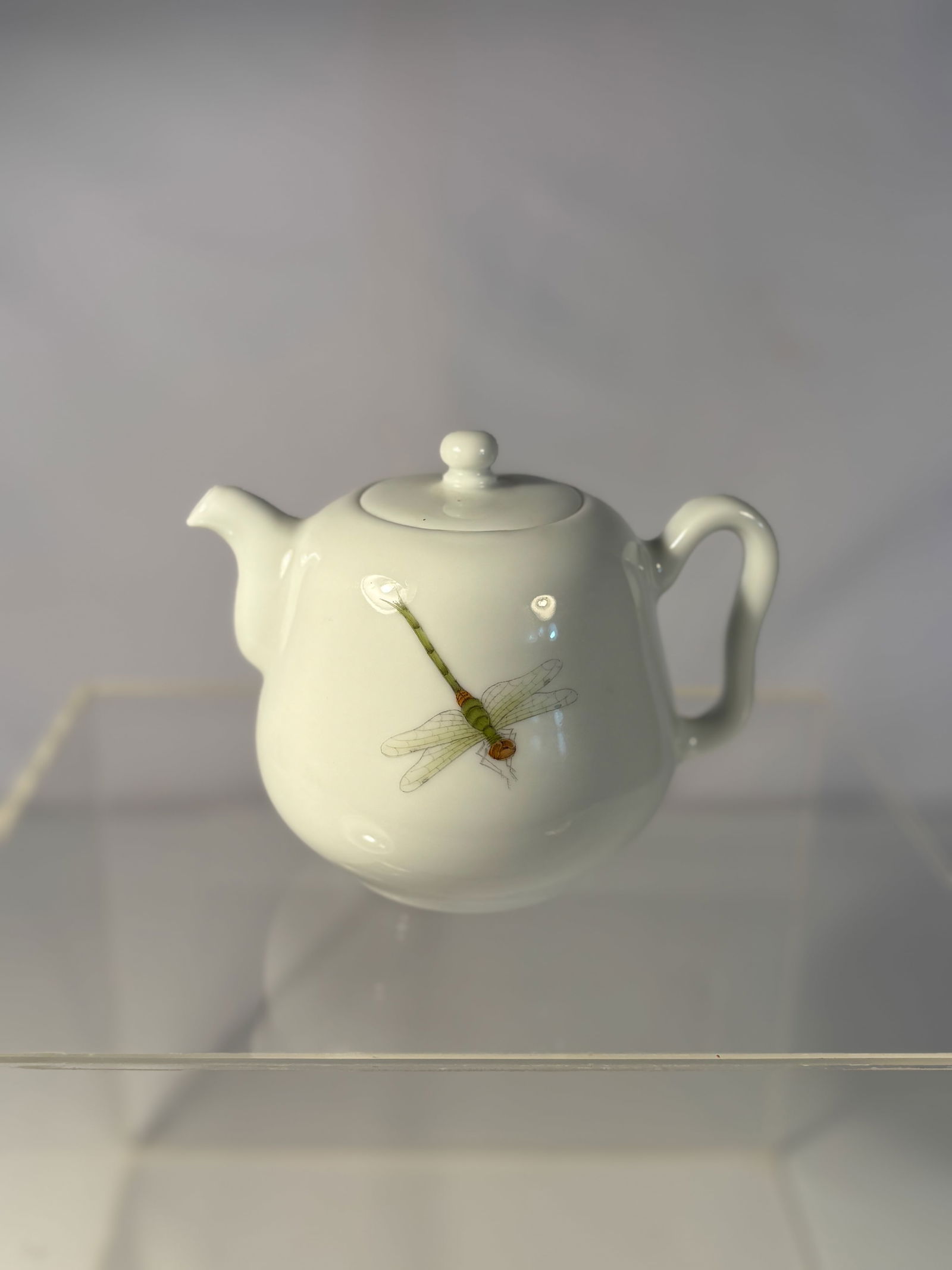 A Chinese Porcelain Teapot with Dragonfly Enamel Decoration: Early 20th century, A Chinese porcelain teapot, of rounded form with domed cover, the body decorated with a single finely painted dragonfly in green and orange enamels, the white glaze otherwise left