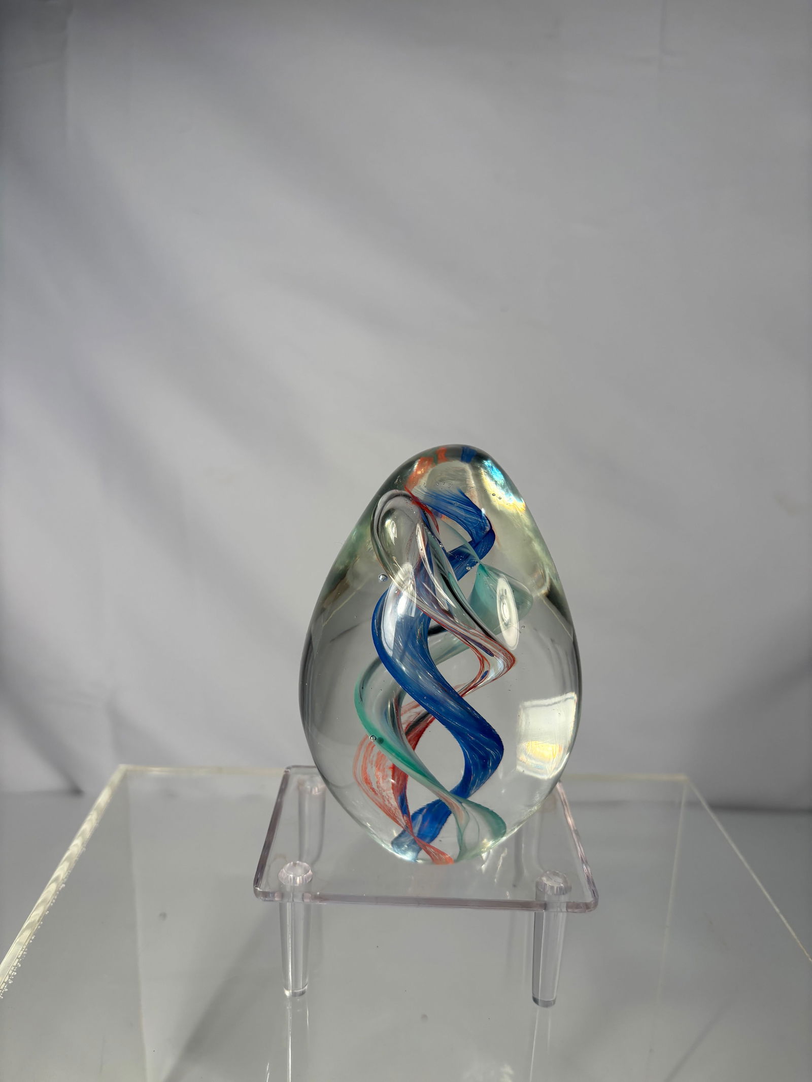 Art Glass Egg Paperweight with Red, Blue & Green Ribbon Swirls (1 of 8)