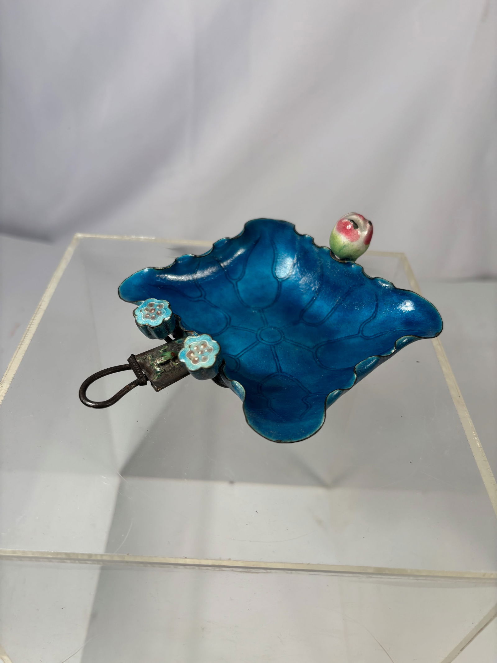 A Chinese Cloisonné Enamel Lotus Leaf Form Tray with Silver-Tone Metal Mounts, (1 of 7)