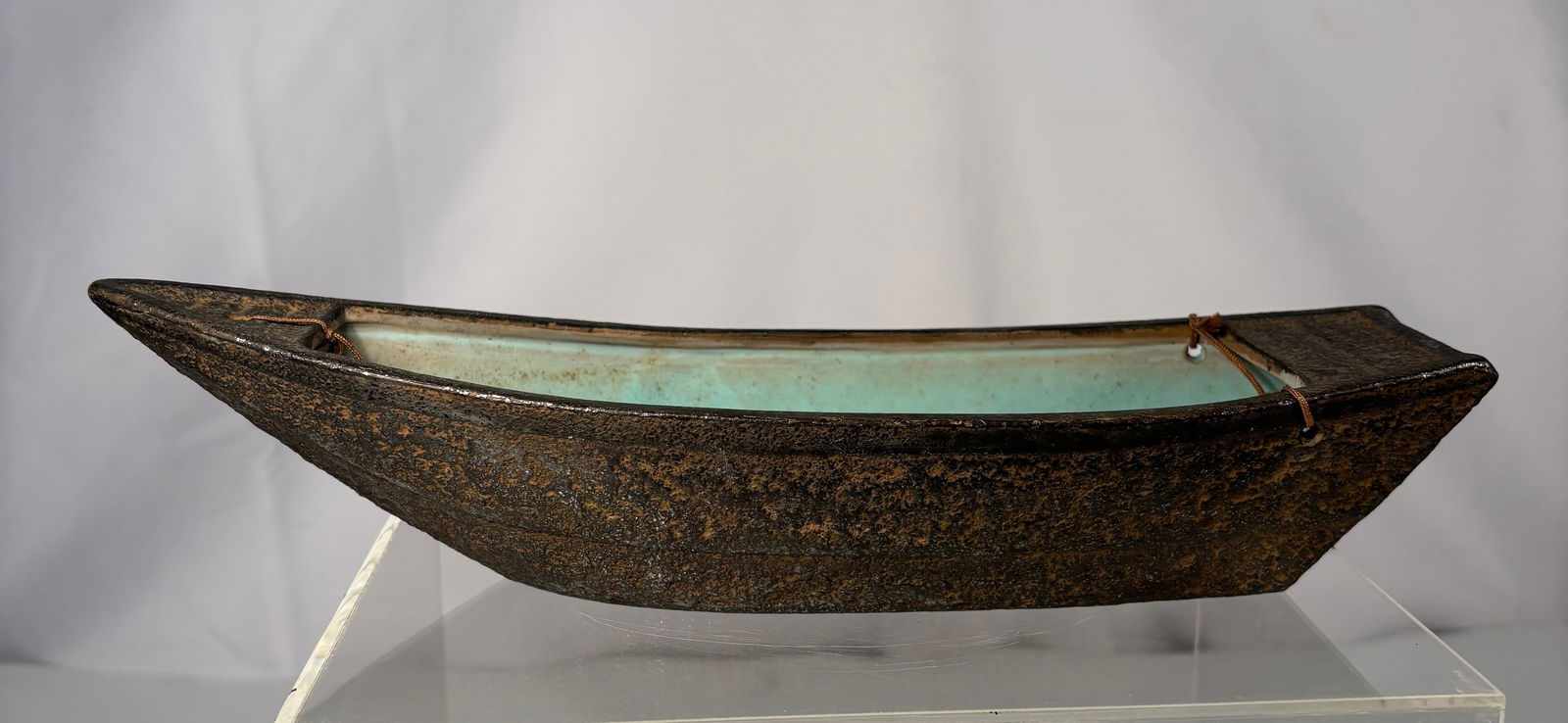 Japanese Boat-Form Ikebana Vessel with Iron-Like Textured Exterior and Turquoise Oribe-Style (1 of 7)