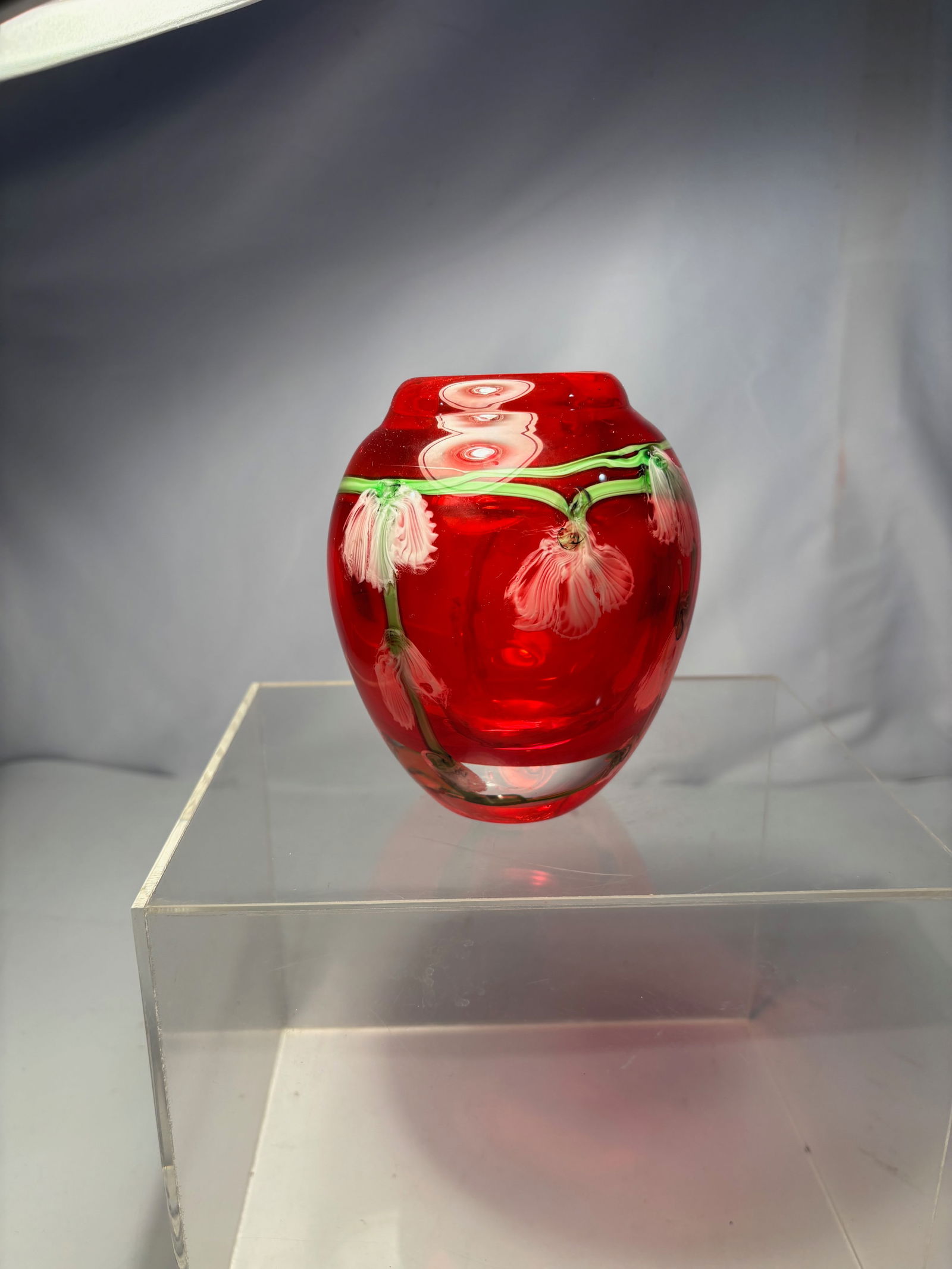 A Large Red Art Glass Vase with Applied Floral Garland Decoration (1 of 14)