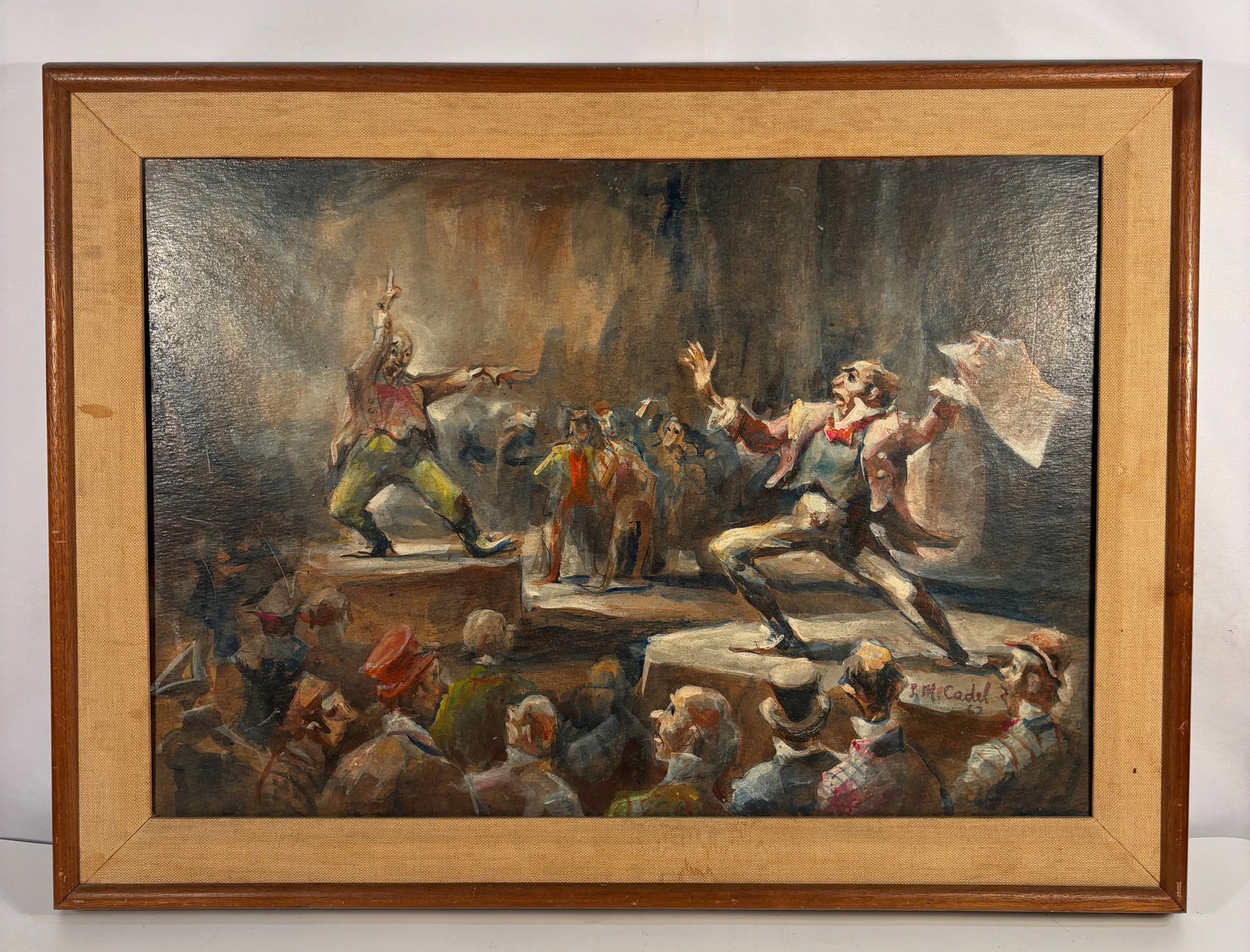 John M. Cadel (1905–1977, American) “Debate on Stage,?? Oil on Board, 1962 (1 of 10)
