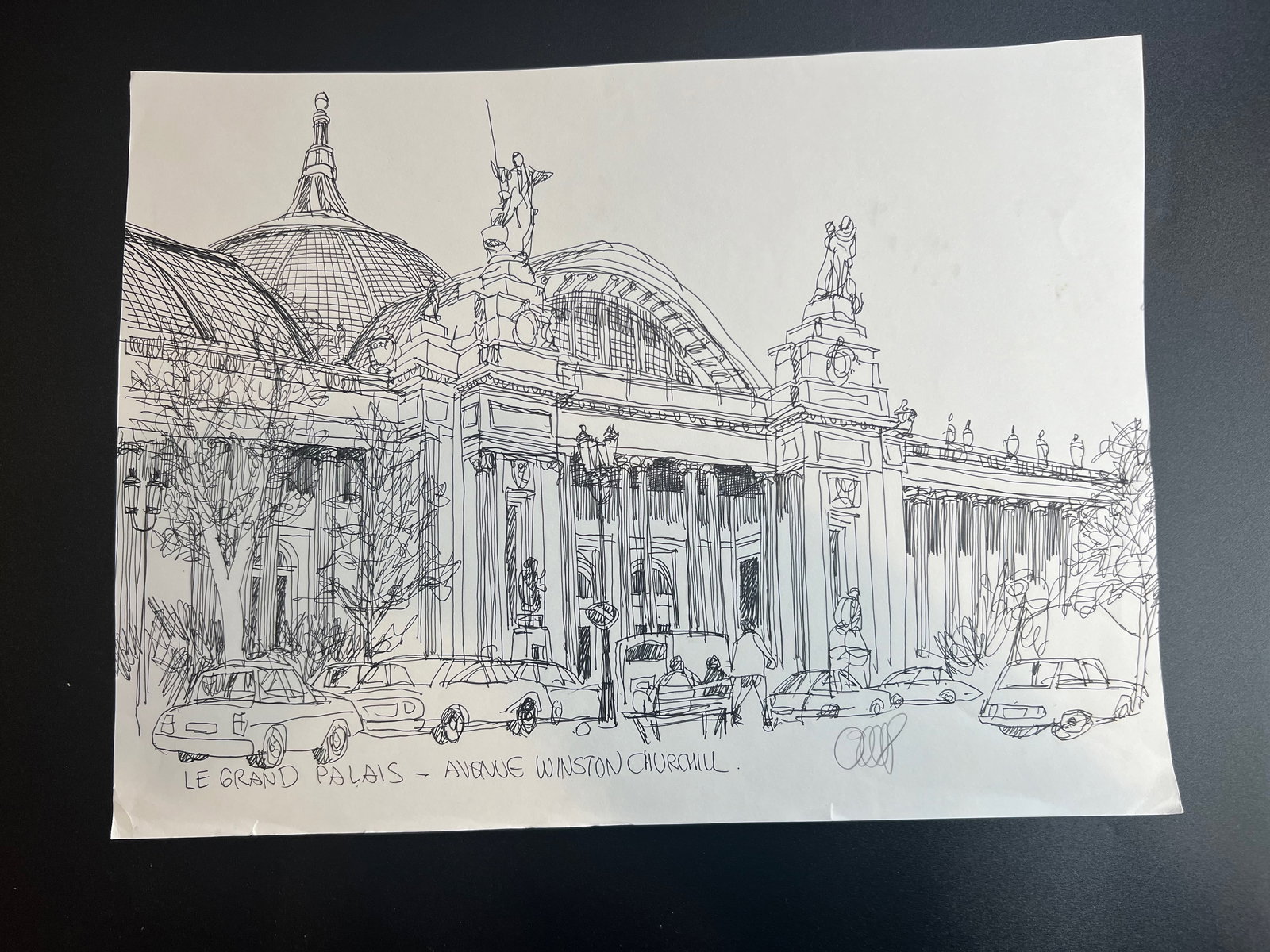 Pen-and-ink architectural Sketch “Le Grand Palais in Paris " signed by William Orlandorf: William Orlandorf (American, 1924-1996), was a lifelong Chicago resident and world recognized artist sketched and painted Chicago and the cities of Europe for over 30 years. Bill's style is neo-impres