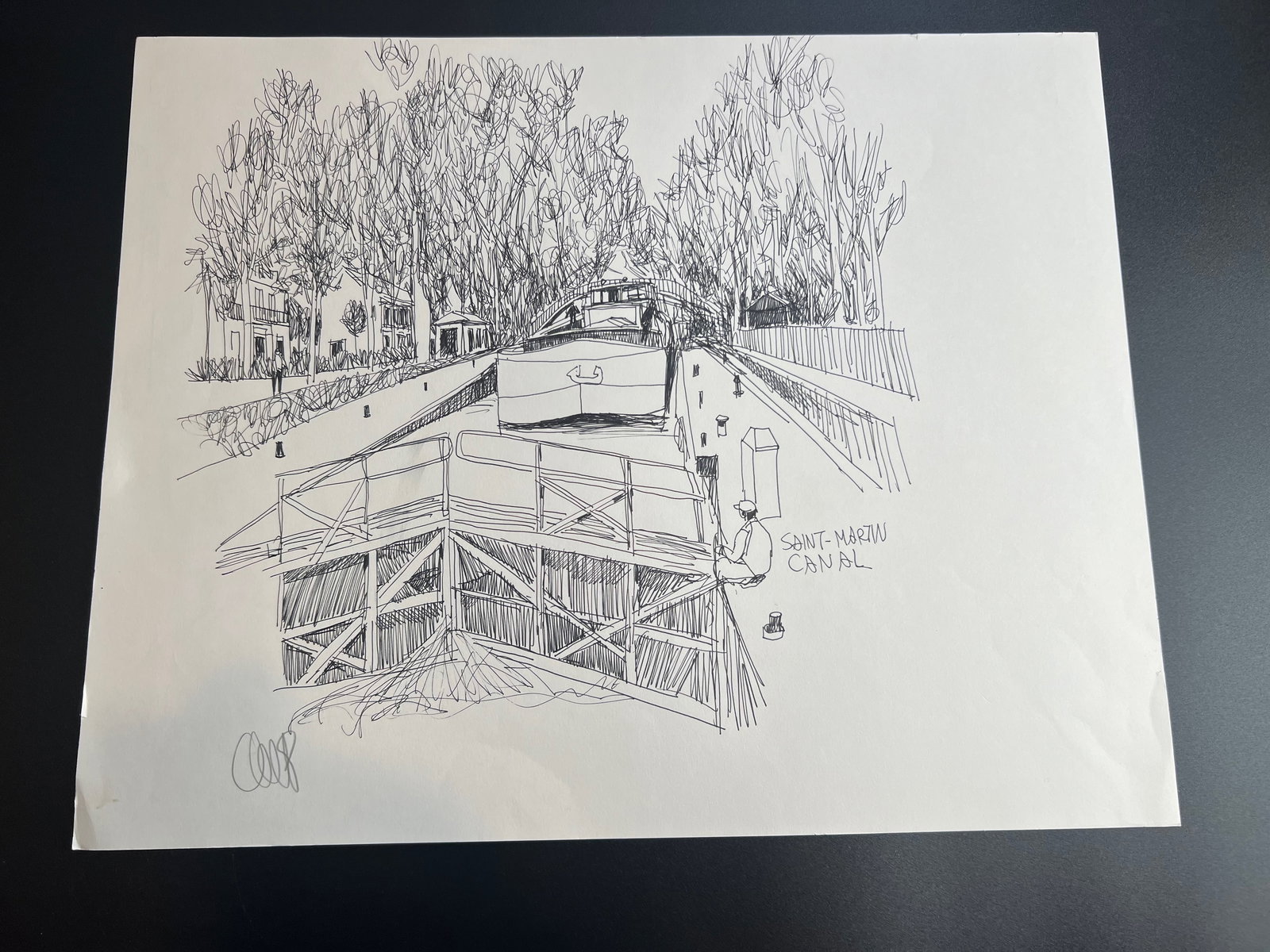Pen-and-ink architectural Sketch “Saint-Martin Canal?? Paris France " signed by William: William Orlandorf (American, 1924-1996), was a lifelong Chicago resident and world recognized artist sketched and painted Chicago and the cities of Europe for over 30 years. Bill's style is neo-impres