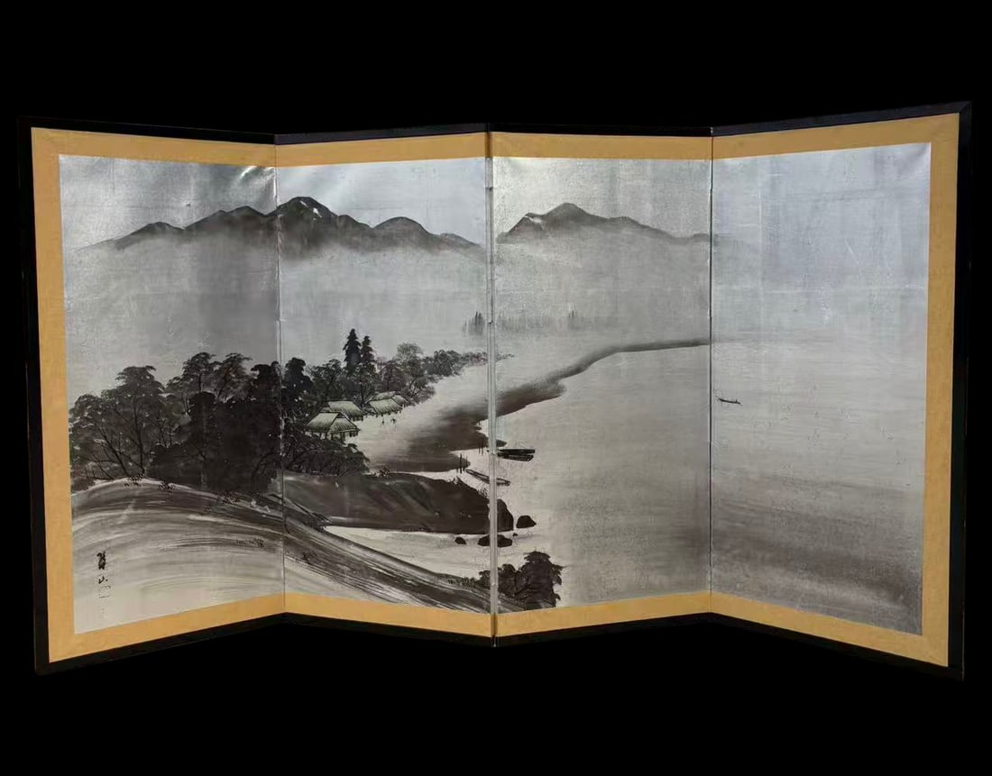 A Japanese Four-Panel Folding Screen, Ink Landscape, Signed “Suisan?? (??), Taish? Period (1 of 9)