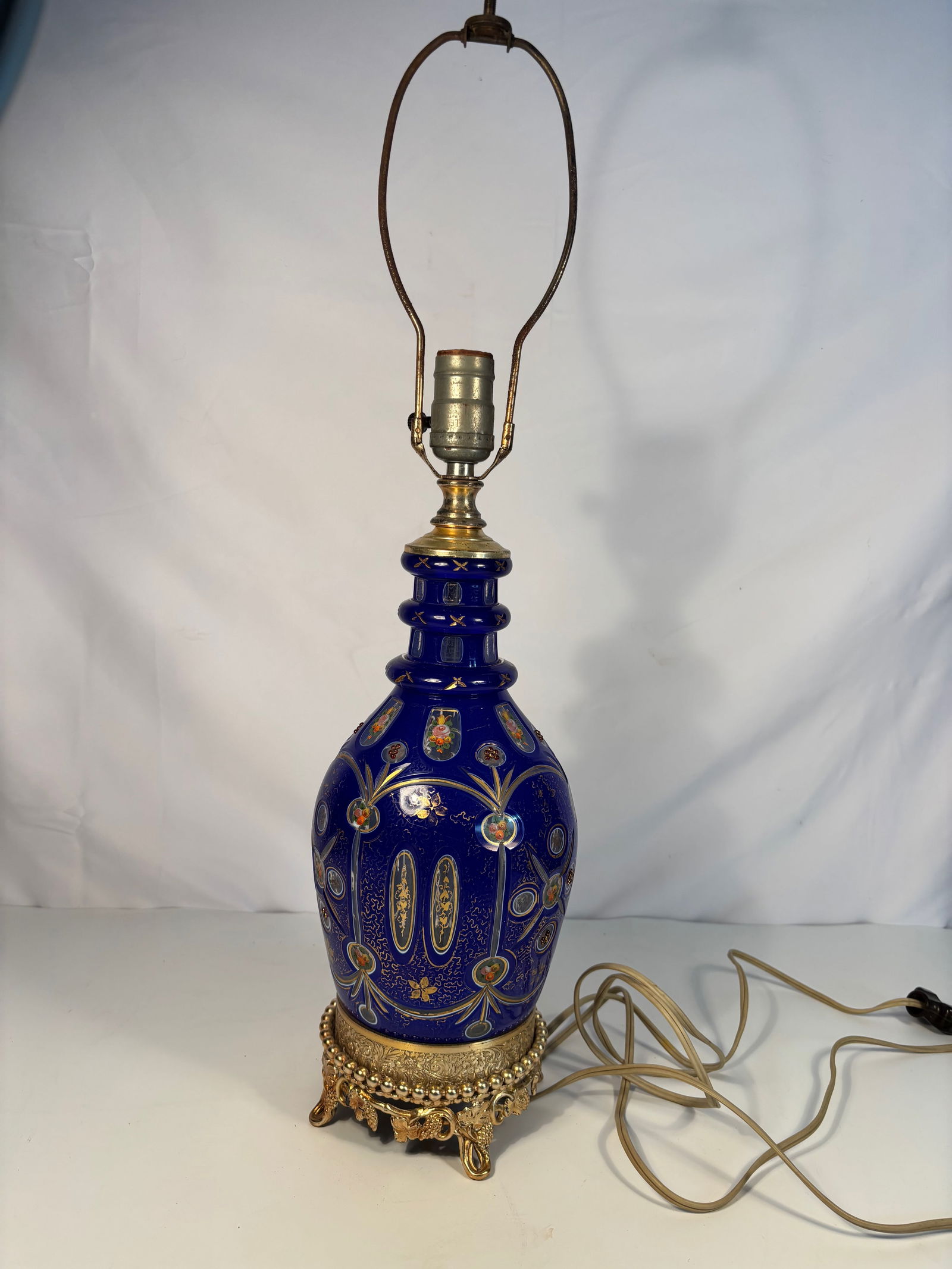 A Bohemian Style Cobalt Blue Enameled and Gilt Glass Vase Mounted as a Lamp (1 of 12)