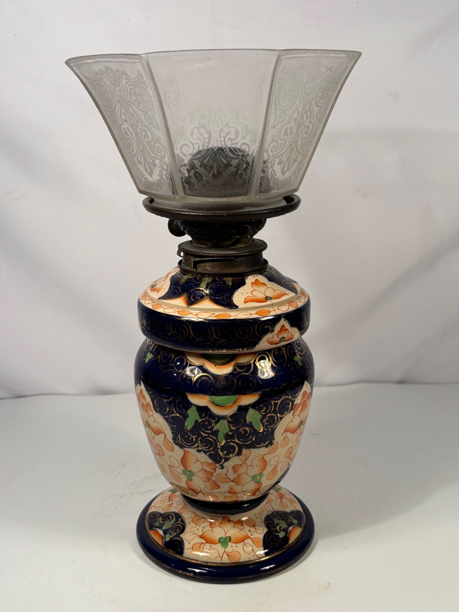 An Original Victorian Wright & Butler Oil Lamp with Imari-Style Porcelain Base and Etched Glass (1 of 13)