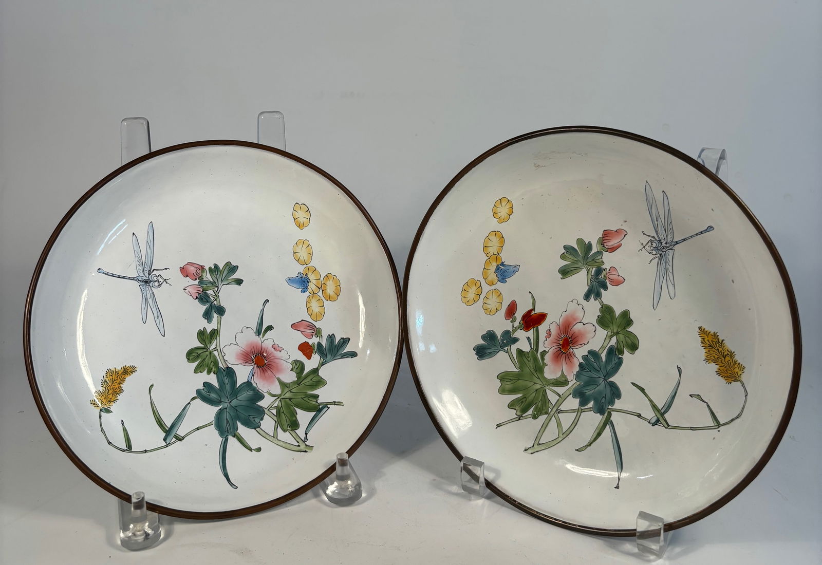 Pair of Chinese Hand-Painted Enamel Dishes with Floral and Dragonfly Design with mark (1 of 7)