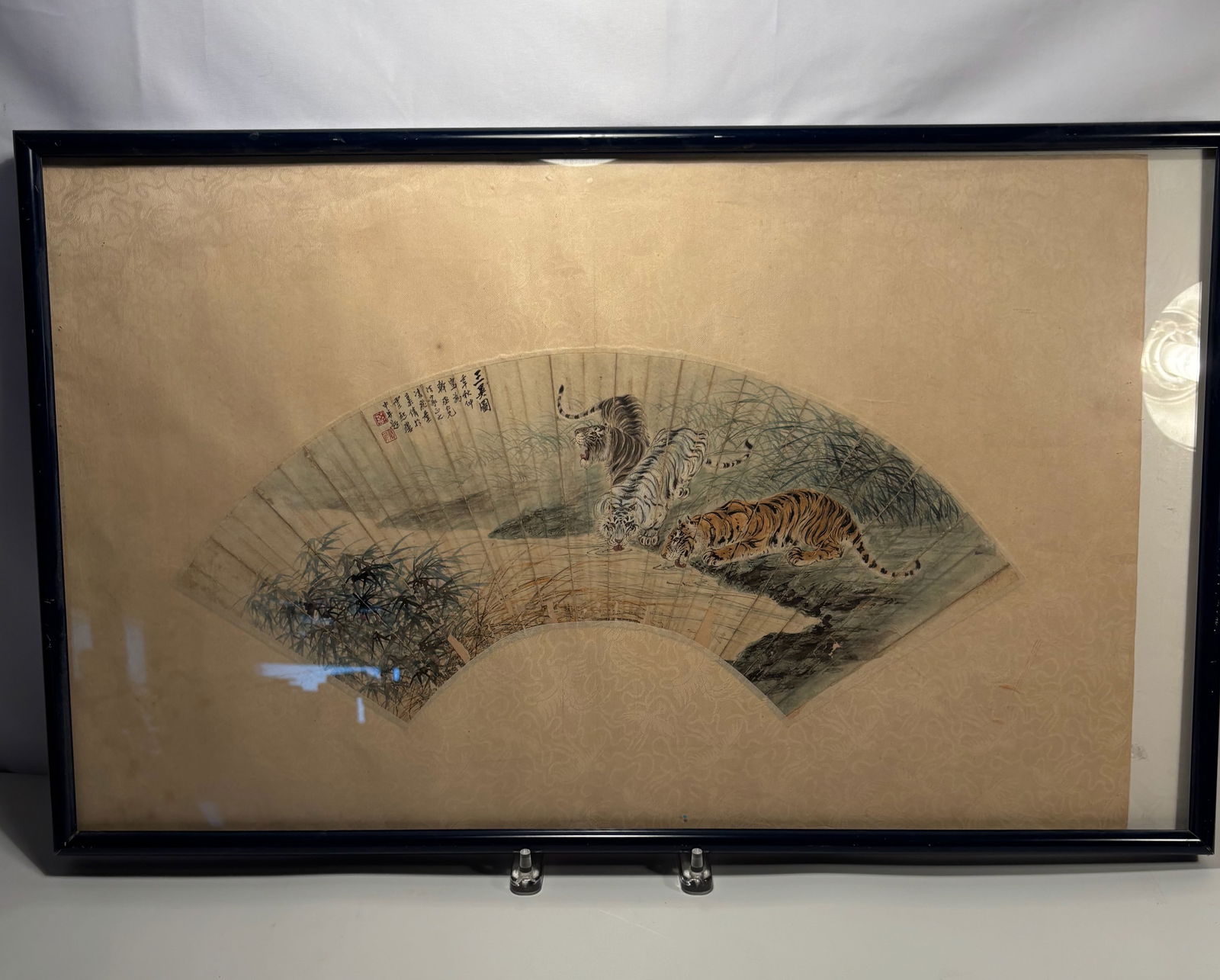 A Chinese Fan Painting of Three Tigers in Landscape, Ink and Color on Paper, (1 of 9)