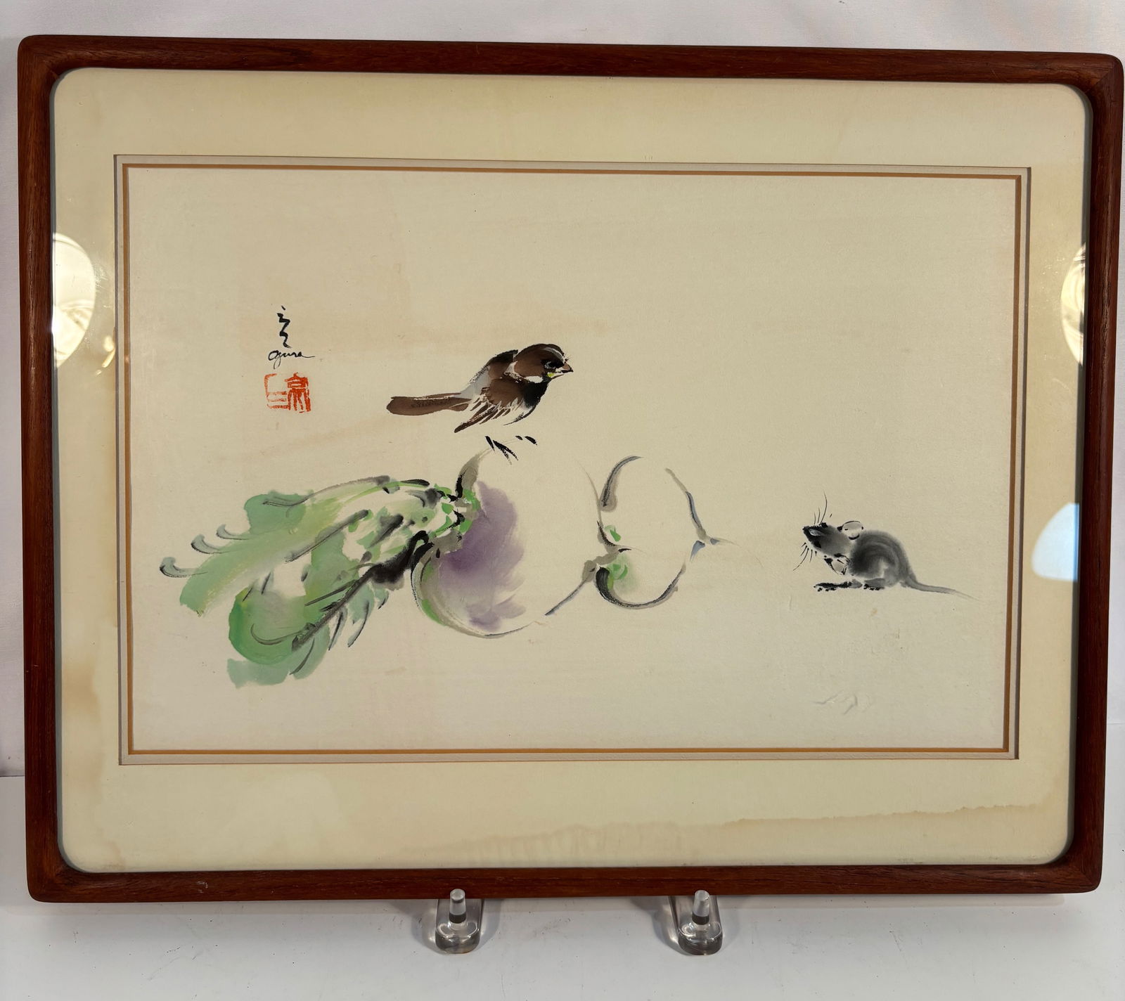A Chinese Watercolor Painting of Sparrow and Mouse, Signed Sanliang (??), circa 1940s–50s: A delicate watercolor painting on paper depicting a sparrow perched on a radish, facing a small mouse with expressive brushwork and refined simplicity. The composition conveys traditional Asian symbol