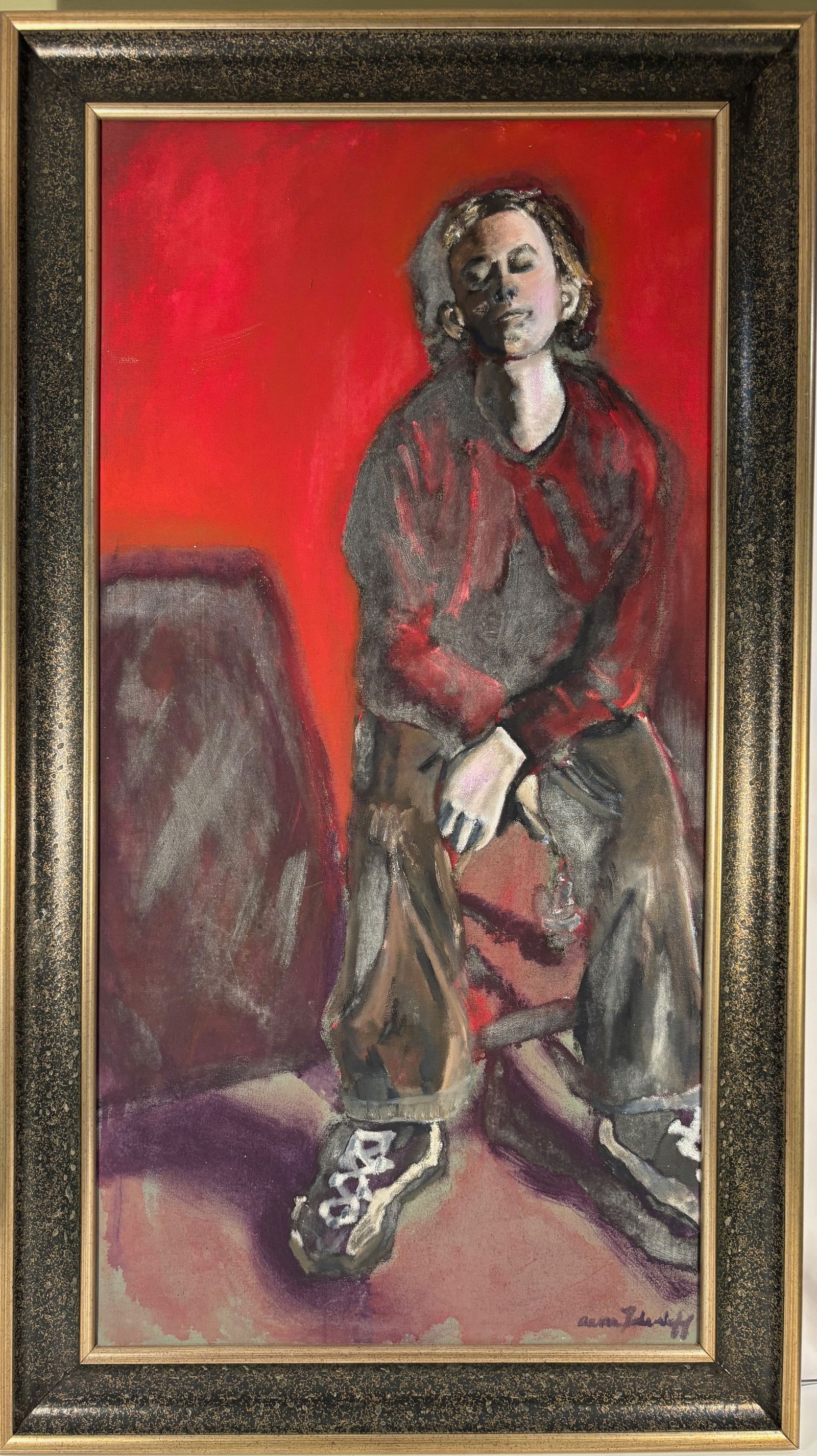 Signed Contemporary Figurative Painting, Seated Figure: Signed contemporary figurative painting depicting a seated figure set against a vivid red background. The composition emphasizes psychological presence through expressive brushwork, distorted