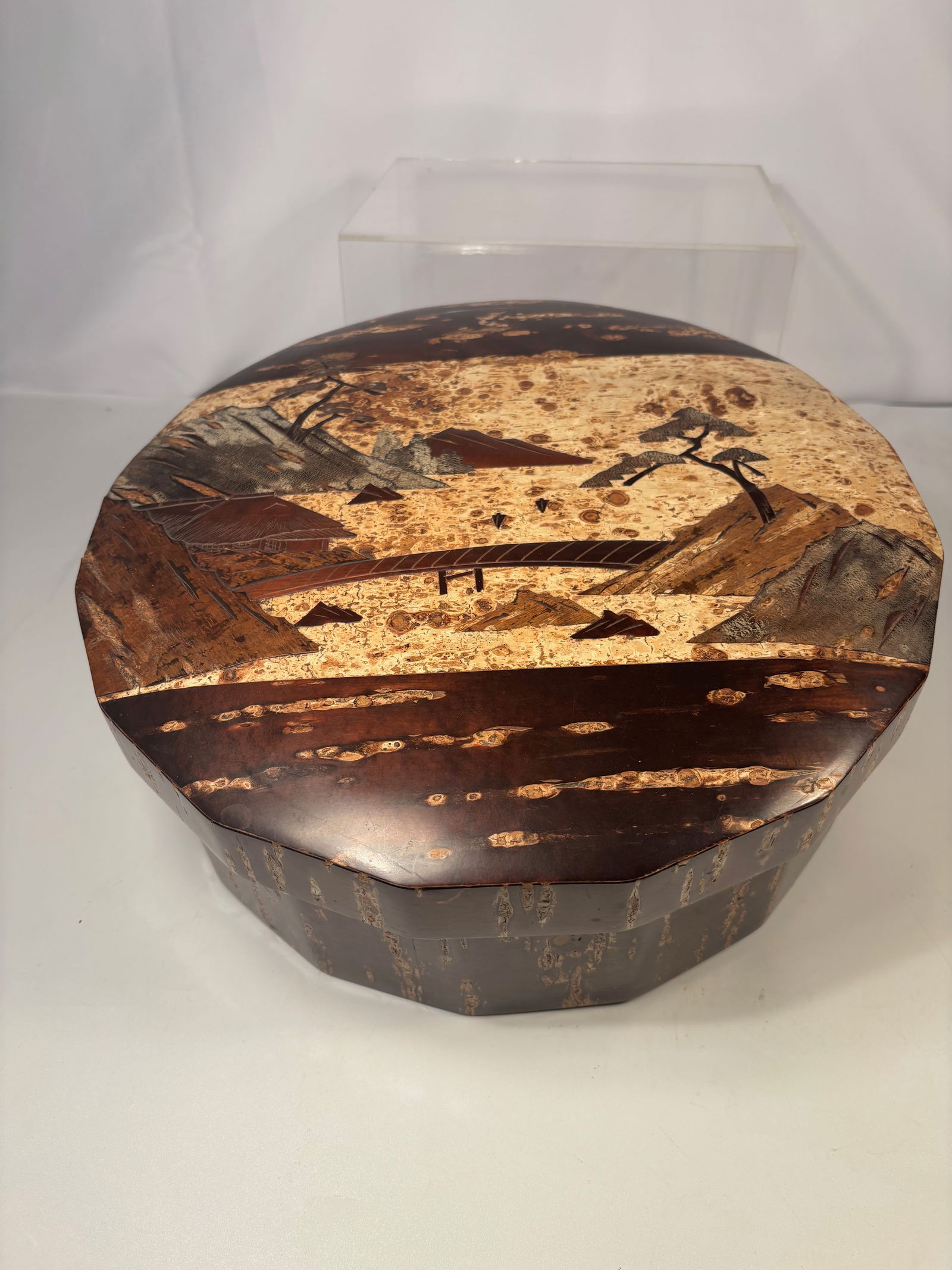 A Japanese Kabazaiku Chabitsu (Tea Chest) with Landscape Design, Nikk? no Sakura: Meiji period (19th century), Japanese chabitsu (tea chest) crafted using the traditional kabazaiku technique, in which layers of natural cherry tree bark are carefully applied and polished to create a