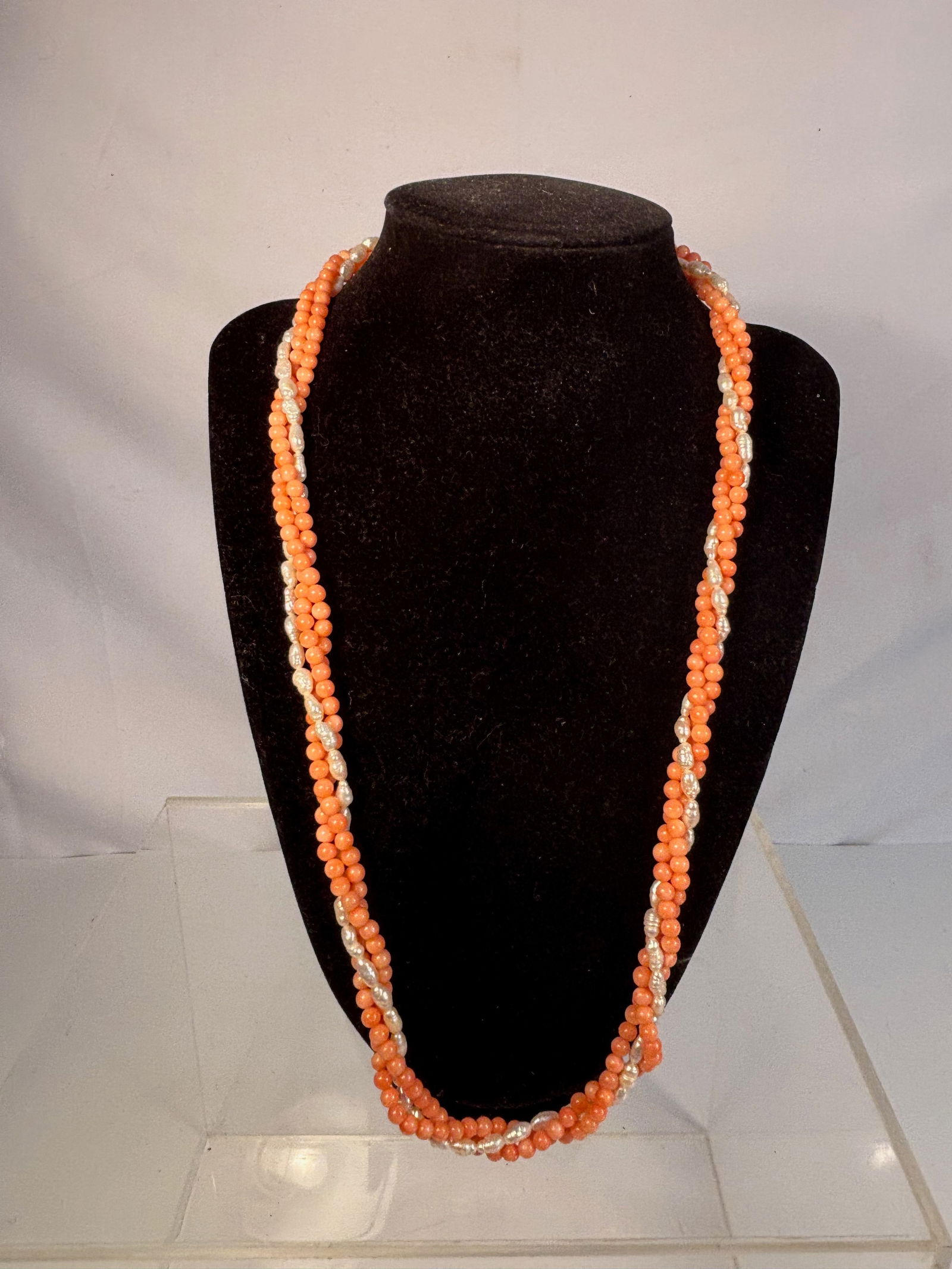 Three-Strand Angel Skin Coral and Cultured Pearl Necklace (1 of 5)