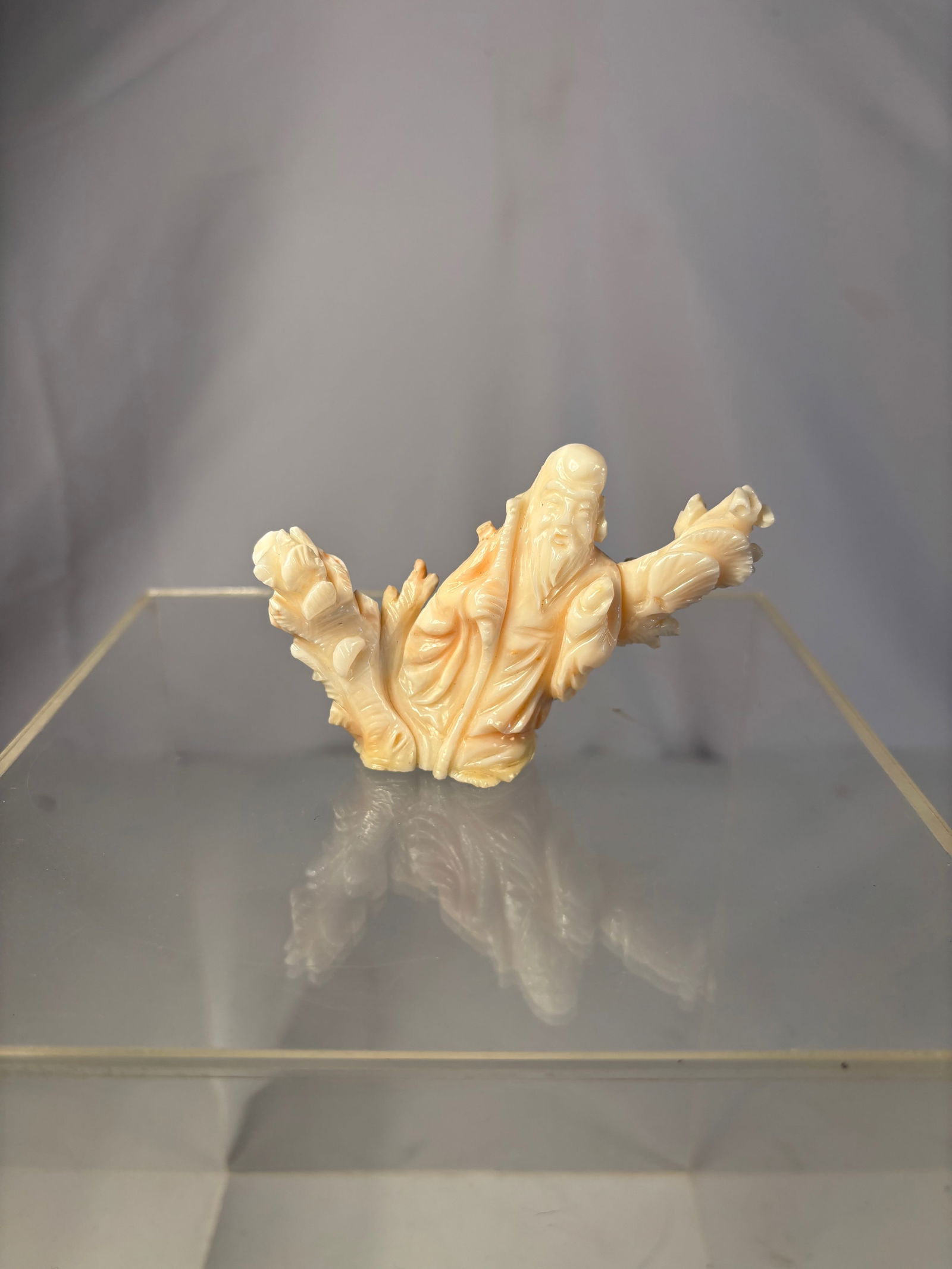 A Chinese Skin Pink Coral Carving of Shou Lao with Attendants (1 of 10)