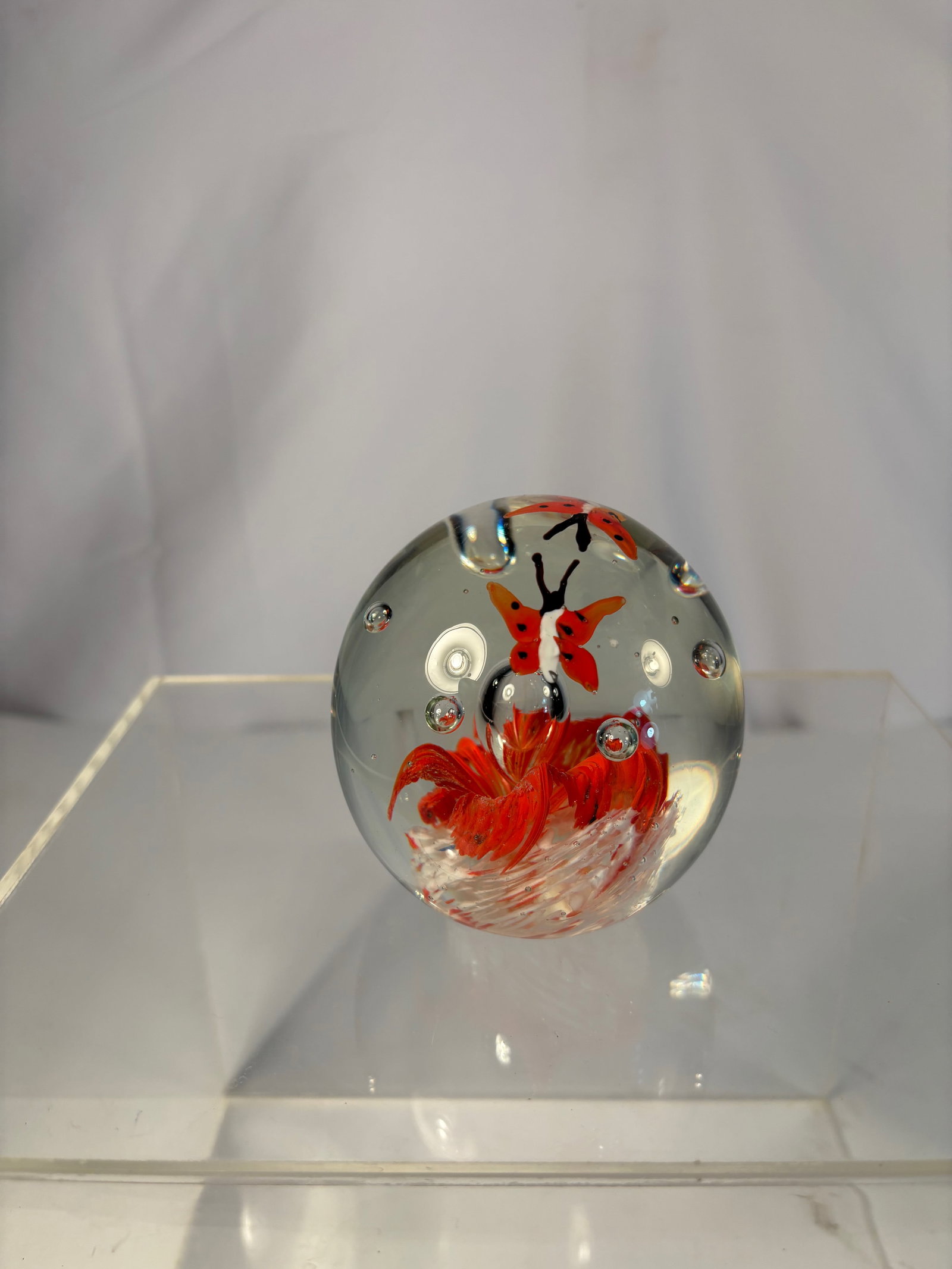 Lampwork Glass Paperweight with Red Butterfly and Chrysanthemum (1 of 10)