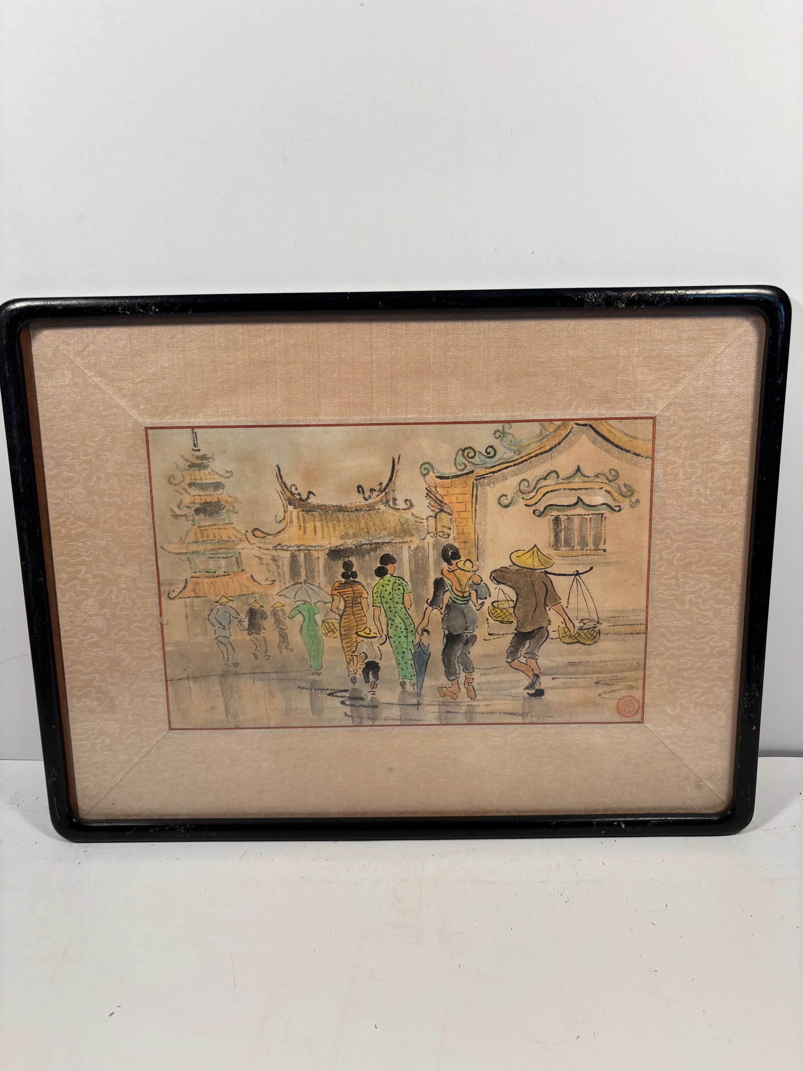 A Chinese water color painting "Temple Gate and People" ,unknown artist (1 of 7)