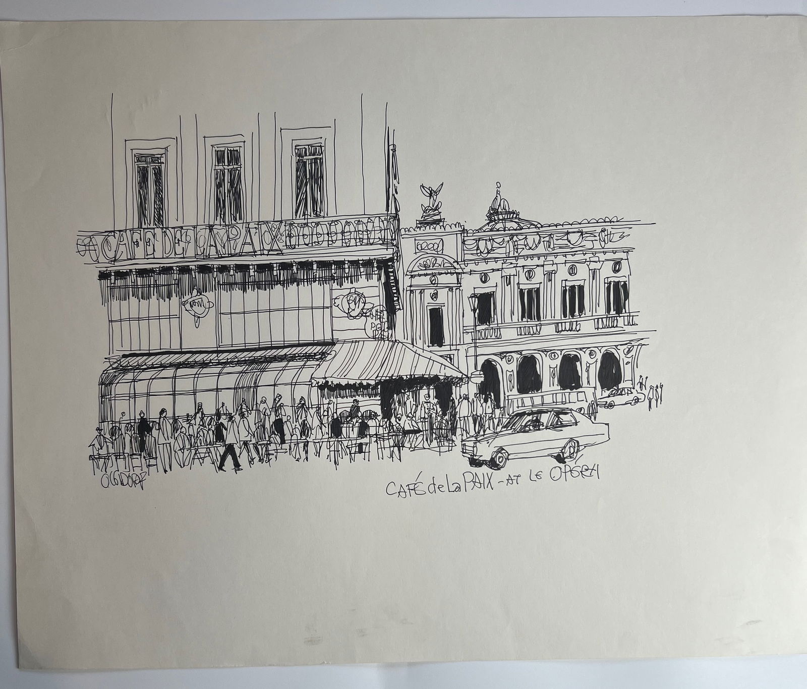 Pen-and-ink architectural Sketch "Café de la Paix - at Le Opéra,?? signed by William Orlandorf: William Orlandorf (American, 1924-1996), was a lifelong Chicago resident and world recognized artist sketched and painted Chicago and the cities of Europe for over 30 years. Bill's style is neo-impres