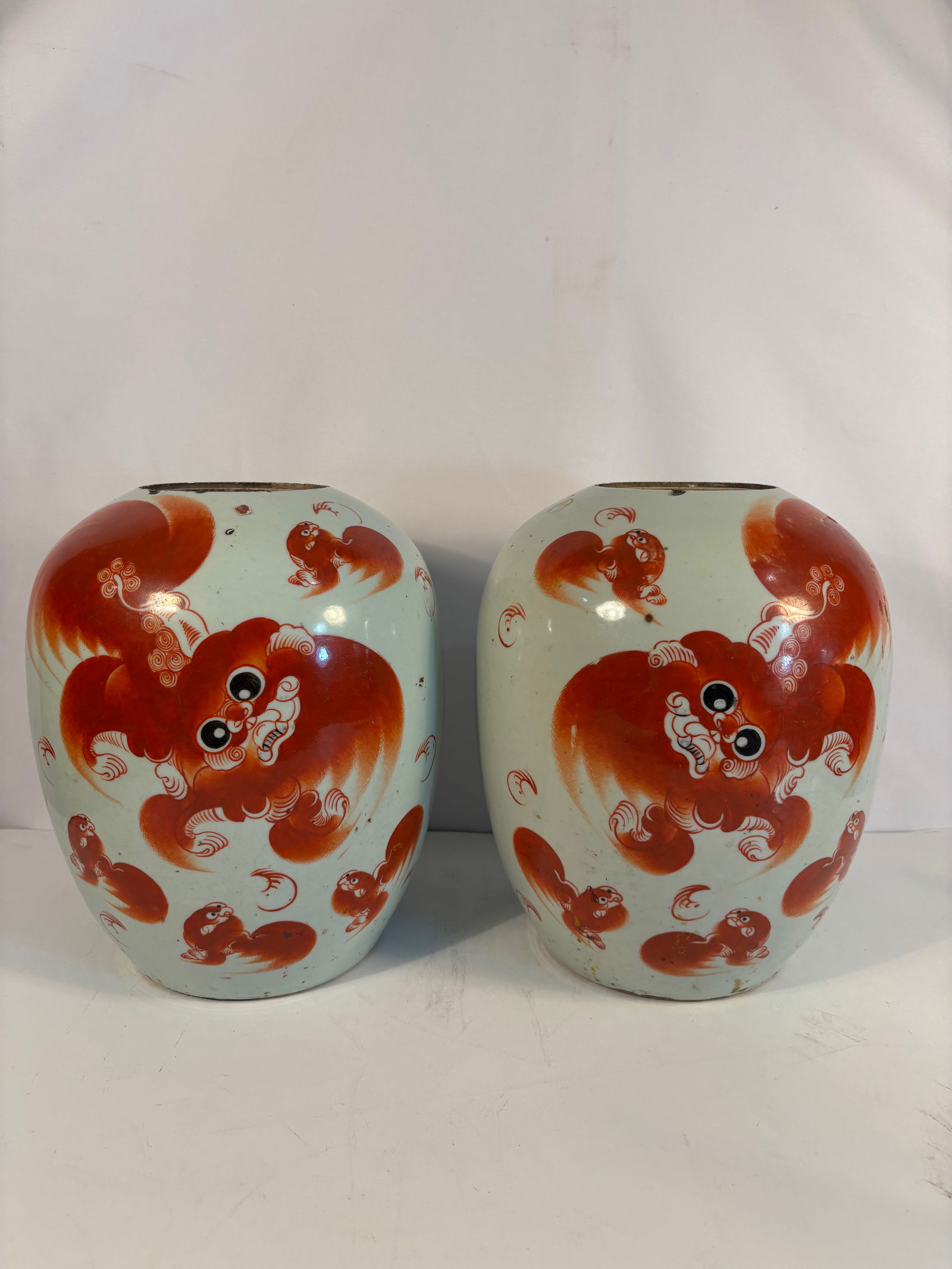 Pair of Chinese Porcelain Jars with Iron-Red Buddhist Lions (1 of 19)