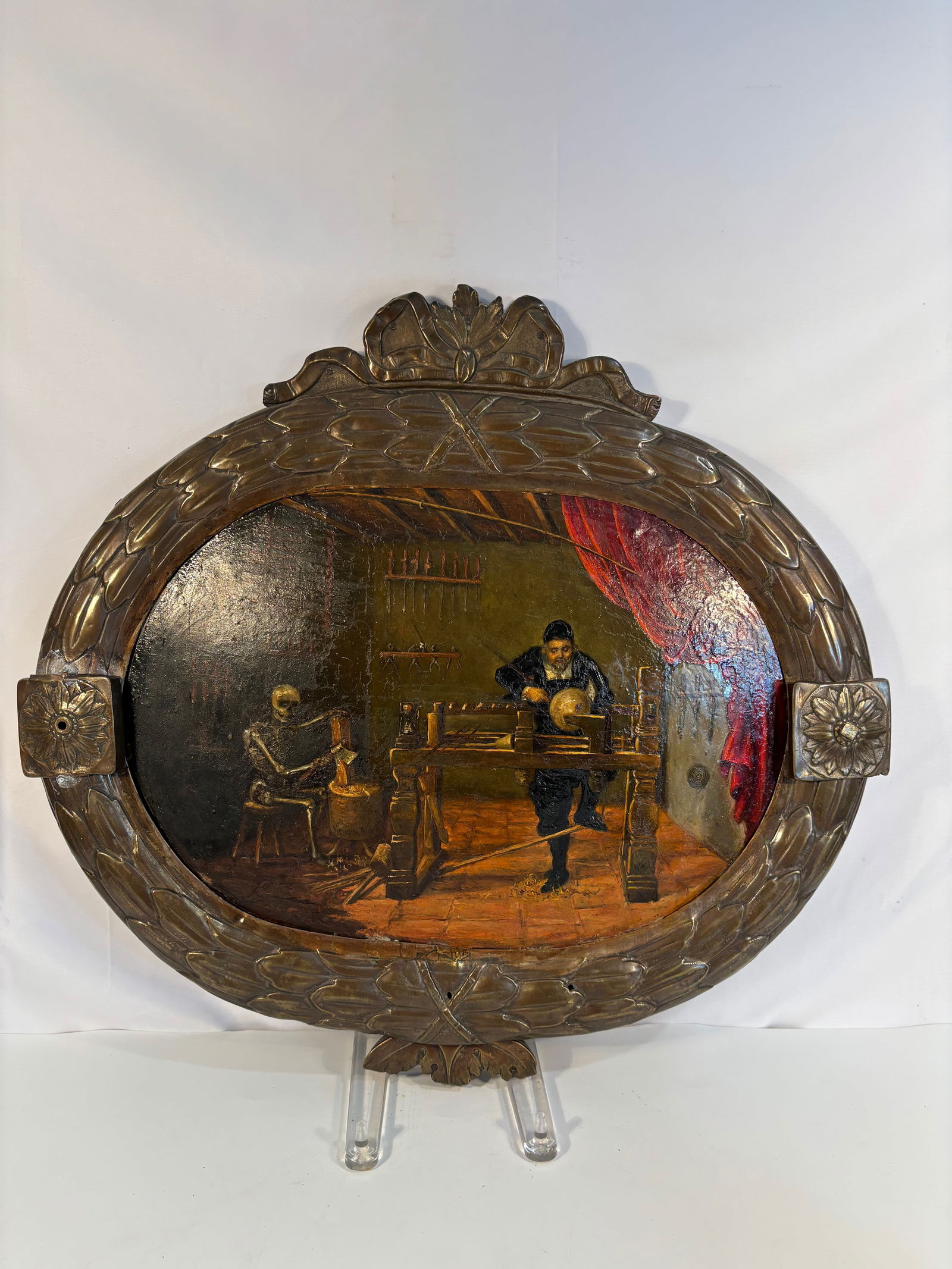 Oil on Metal “Memento Mori??, Allegorical Scene, with Oval brass Frame (1 of 17)