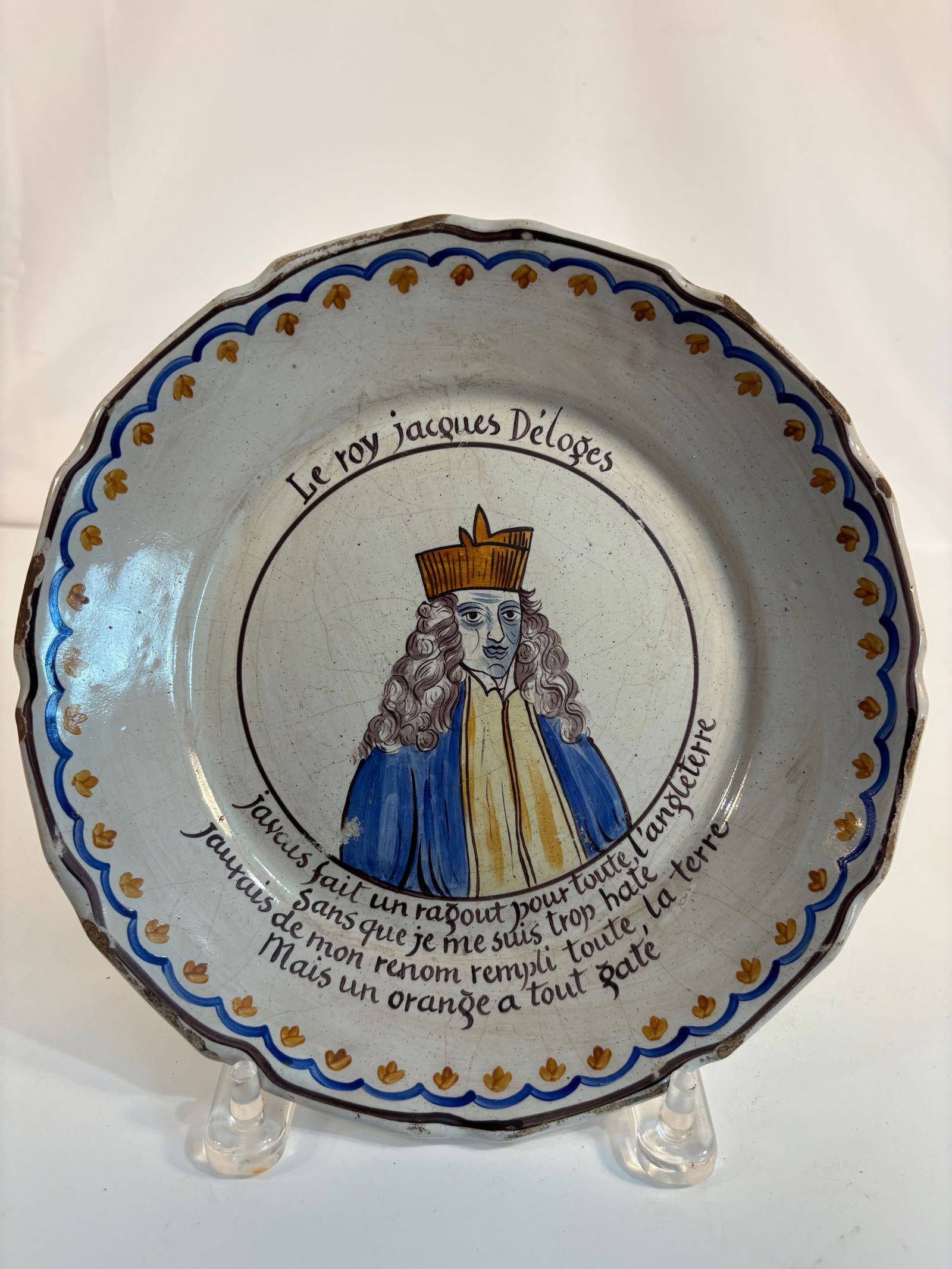 A French Nevers Faience Political Plate “Le Roy Jacques Délogé??, 18th Century (1 of 11)