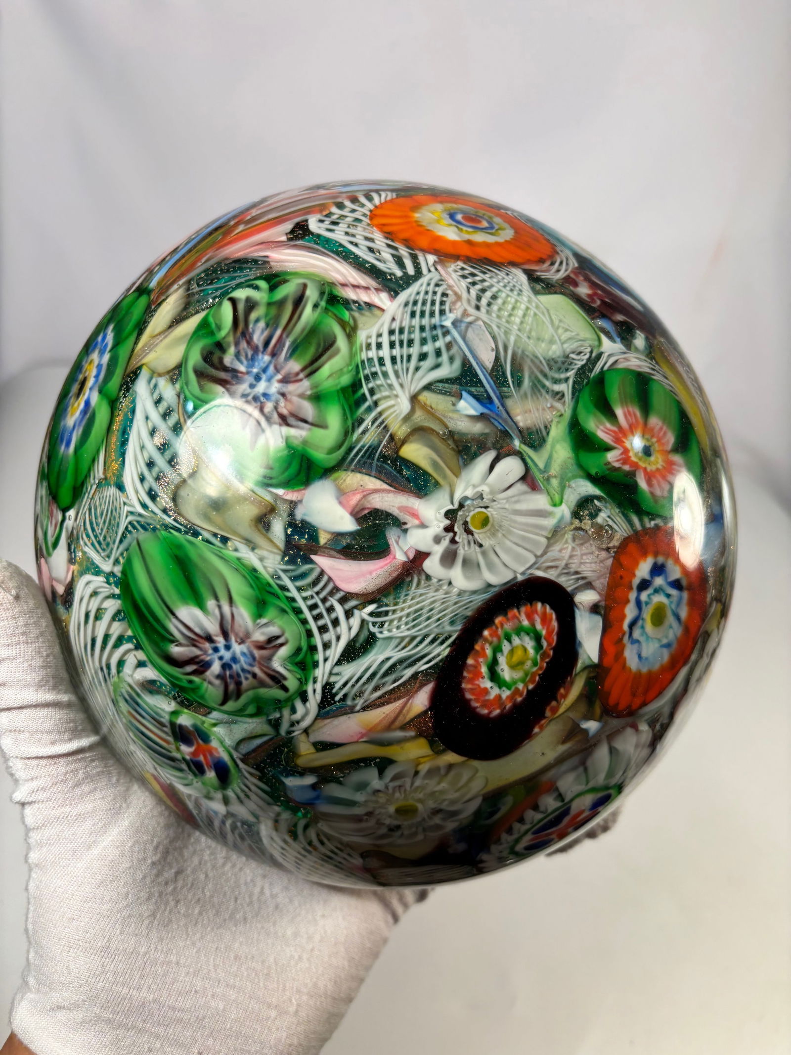 Large Murano Style Millefiori Art Glass Centerpiece Paperweight; 7.5?? Diameter, Latticino Ribbon & (1 of 15)