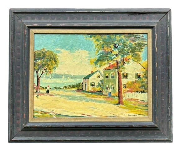 H. Bolland (Continental School), Colorful Village Street Scene, Signe: An atmospheric oil-on-canvas village street scene, rich in post-impressionist color and layered brushstrokes, signed lower right “H. Bolland”. The work depicts a bustling pathway shaded by