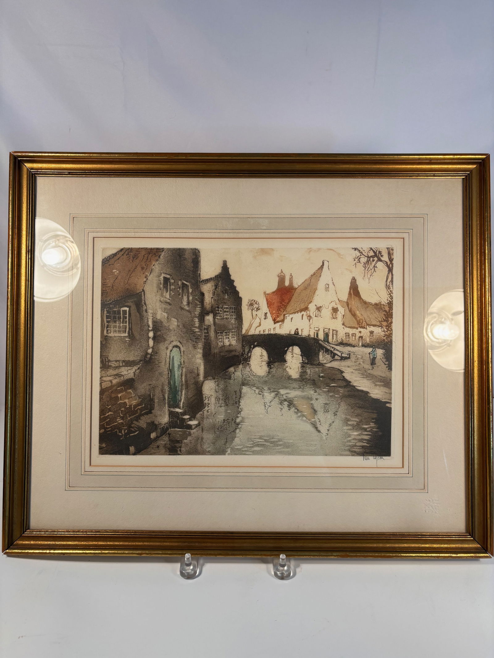 Van Lyck (European, Early 20th Century) — Hand-Colored Etching of a Canal Town with Bridge (1 of 6)
