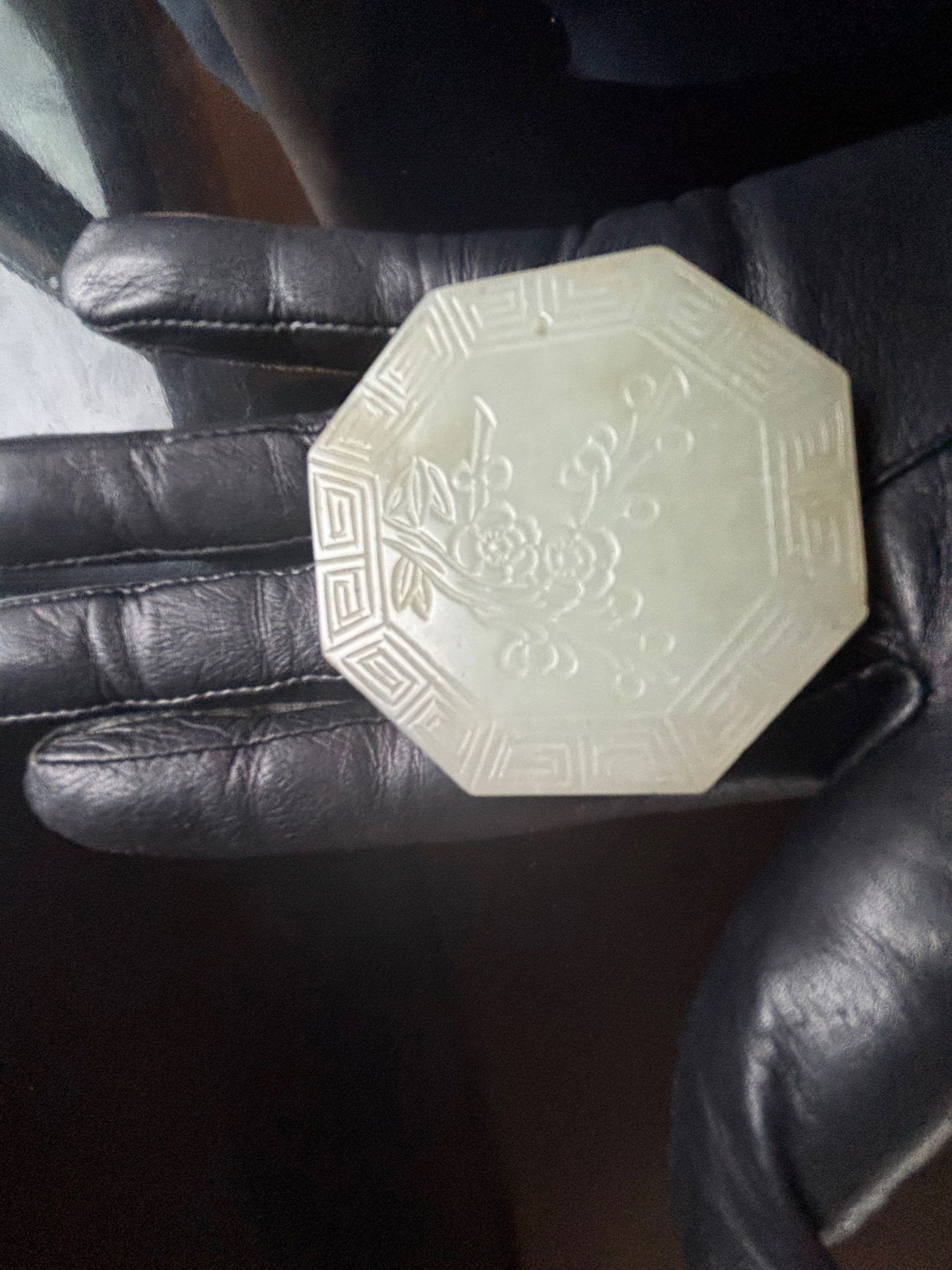 A CHINESE OCTAGONAL SHAPE WHITE NEPHRITE JADE PLAQUE - 8