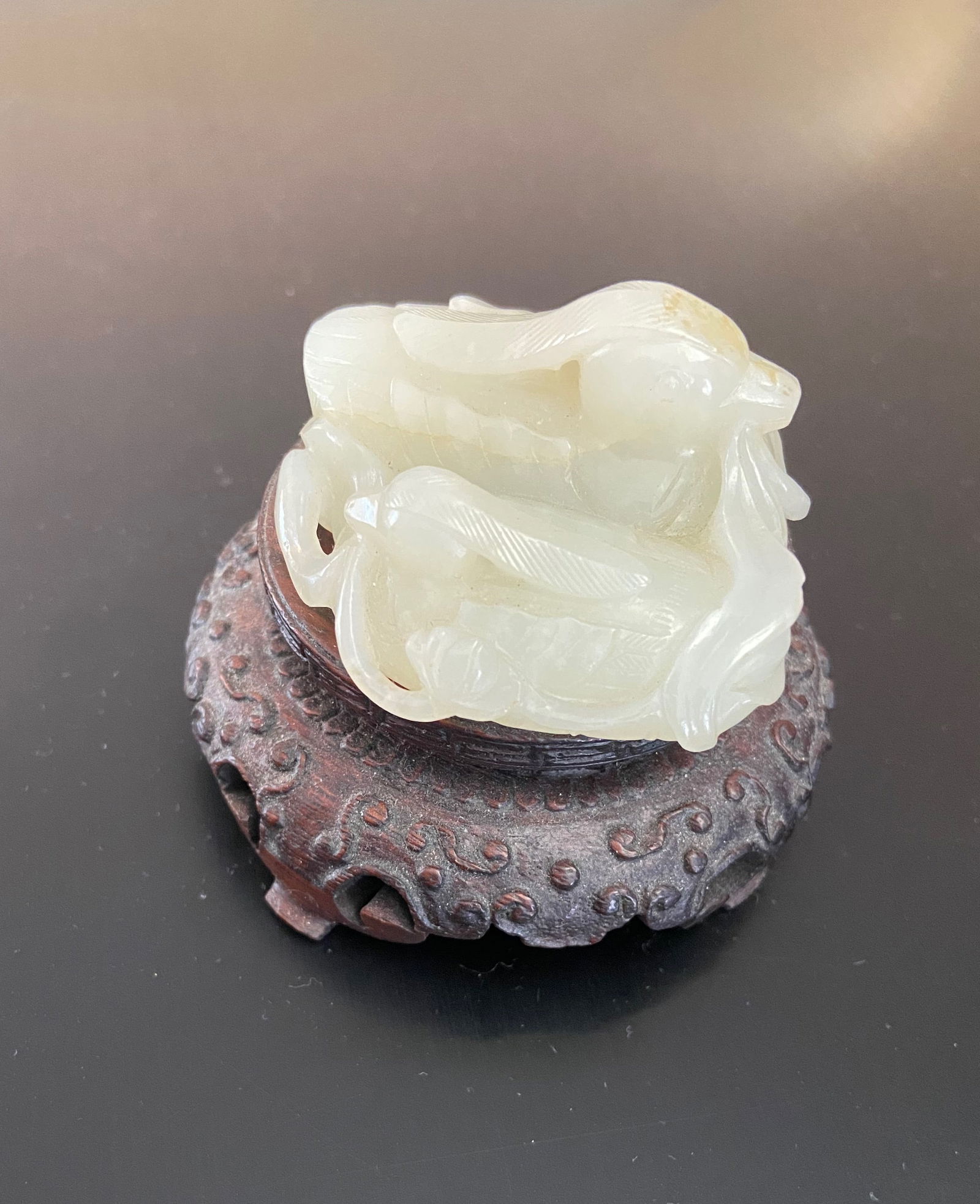 A Chinese nephrite jade "YuanYang" statue: Qing Dynasty (1644-1912); This is a translucent quality, characteristic of nephrite jade . Provenance: From an prominent Midwest family collection in US.Dimensions?Length: 5.5 cm/ 2 1/4 inches .