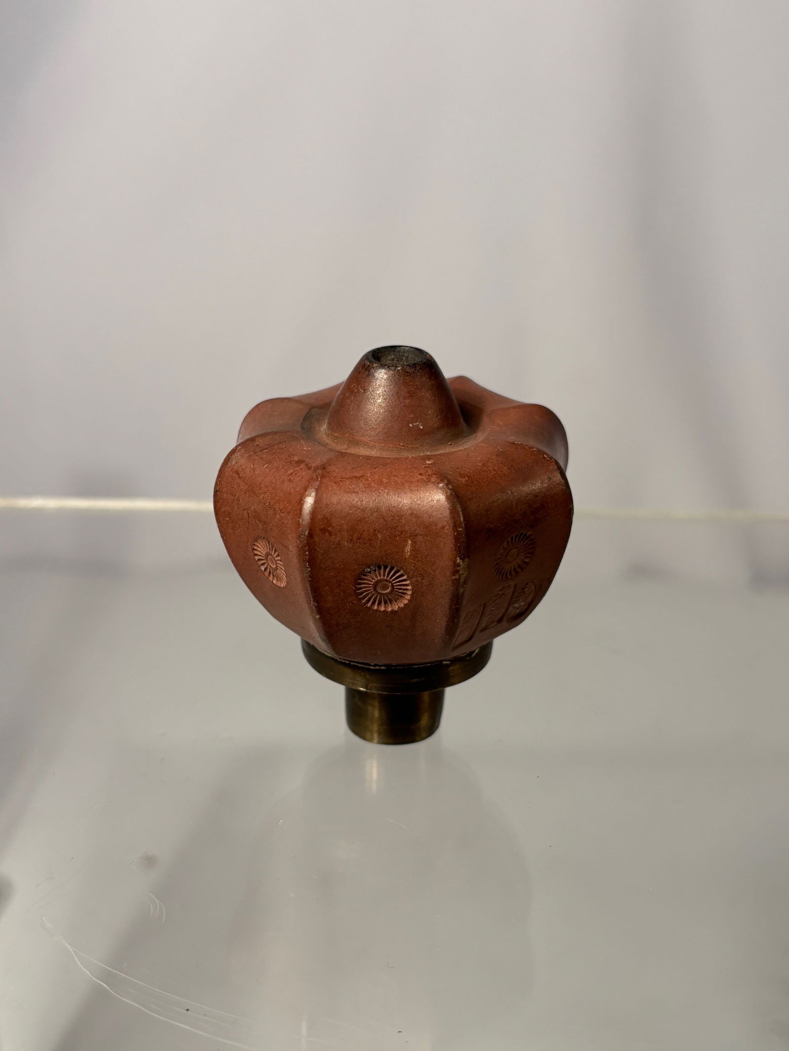 A Chinese Yixing Pottery Opium Pipe Bowl with Impressed Floral Decoration, Bronze Collar, and (1 of 12)