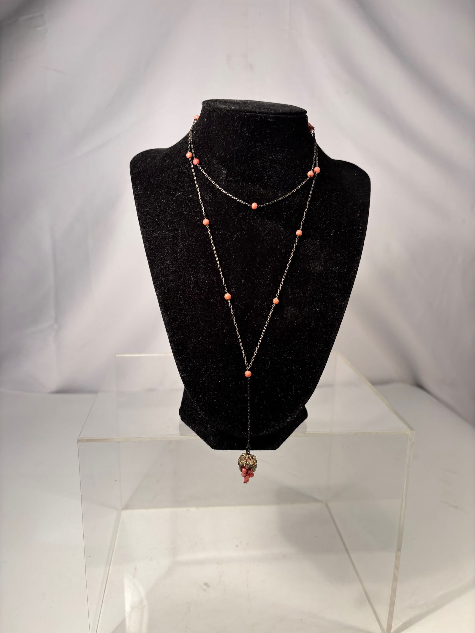 A Long Natural Salmon Coral Bead Necklace with Coral Cluster Pendant on Silver Chain (1 of 5)