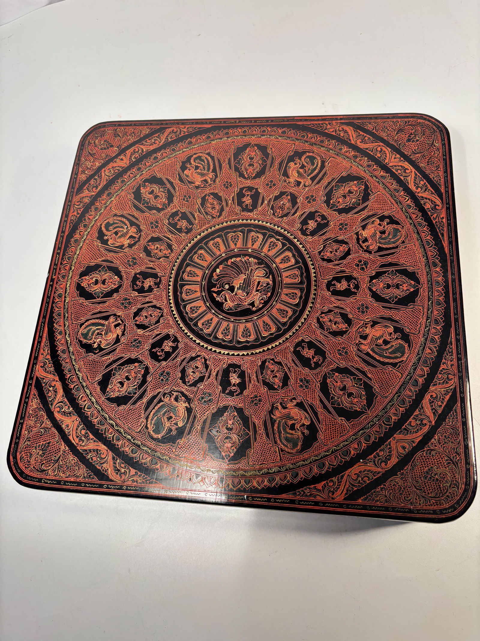 A Burmese Lacquerware Covered Box with Figural & Phoenix Motifs (1 of 13)