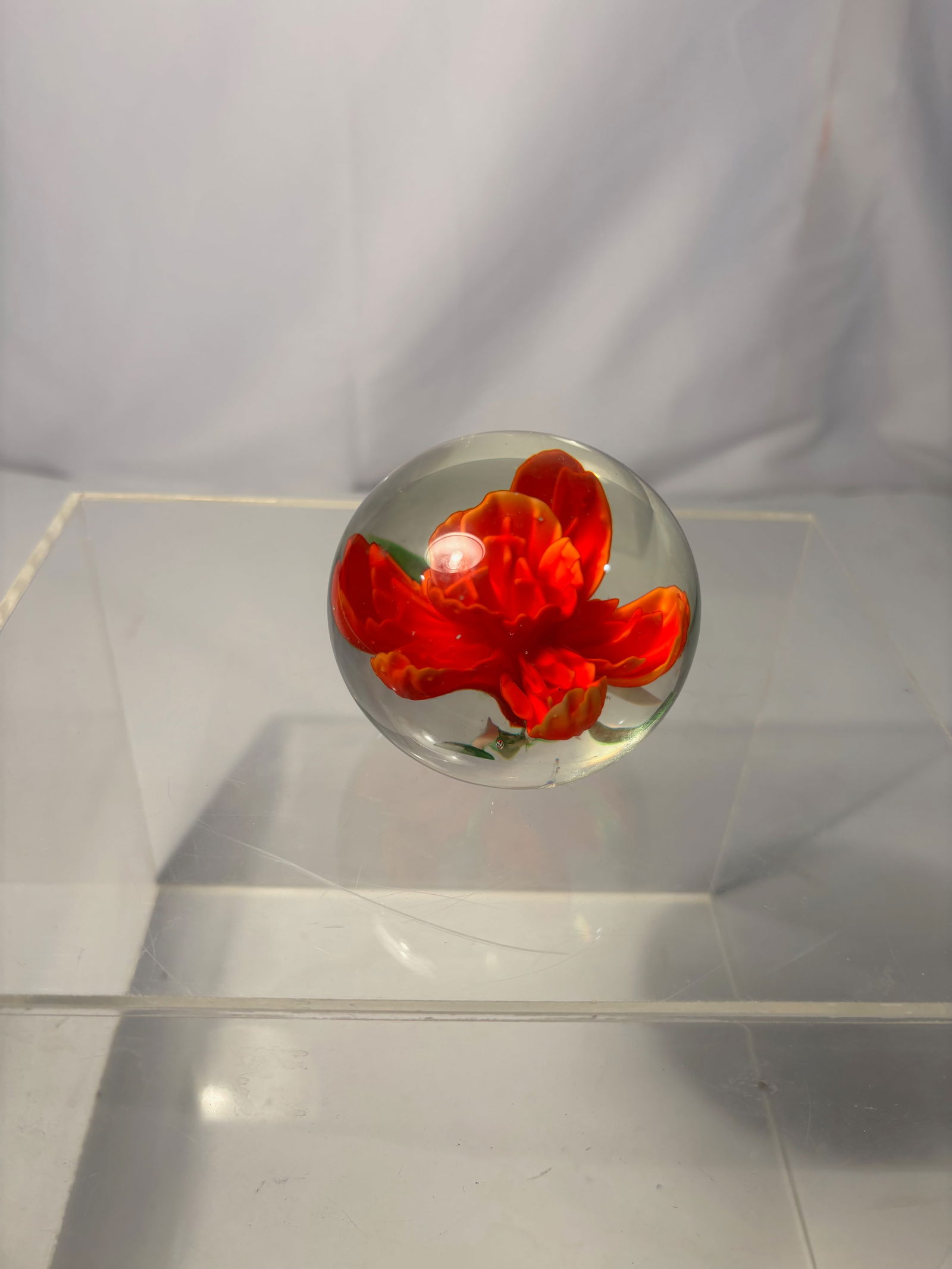 Art Glass Floral Paperweight with Red Lampwork Flower (1 of 12)