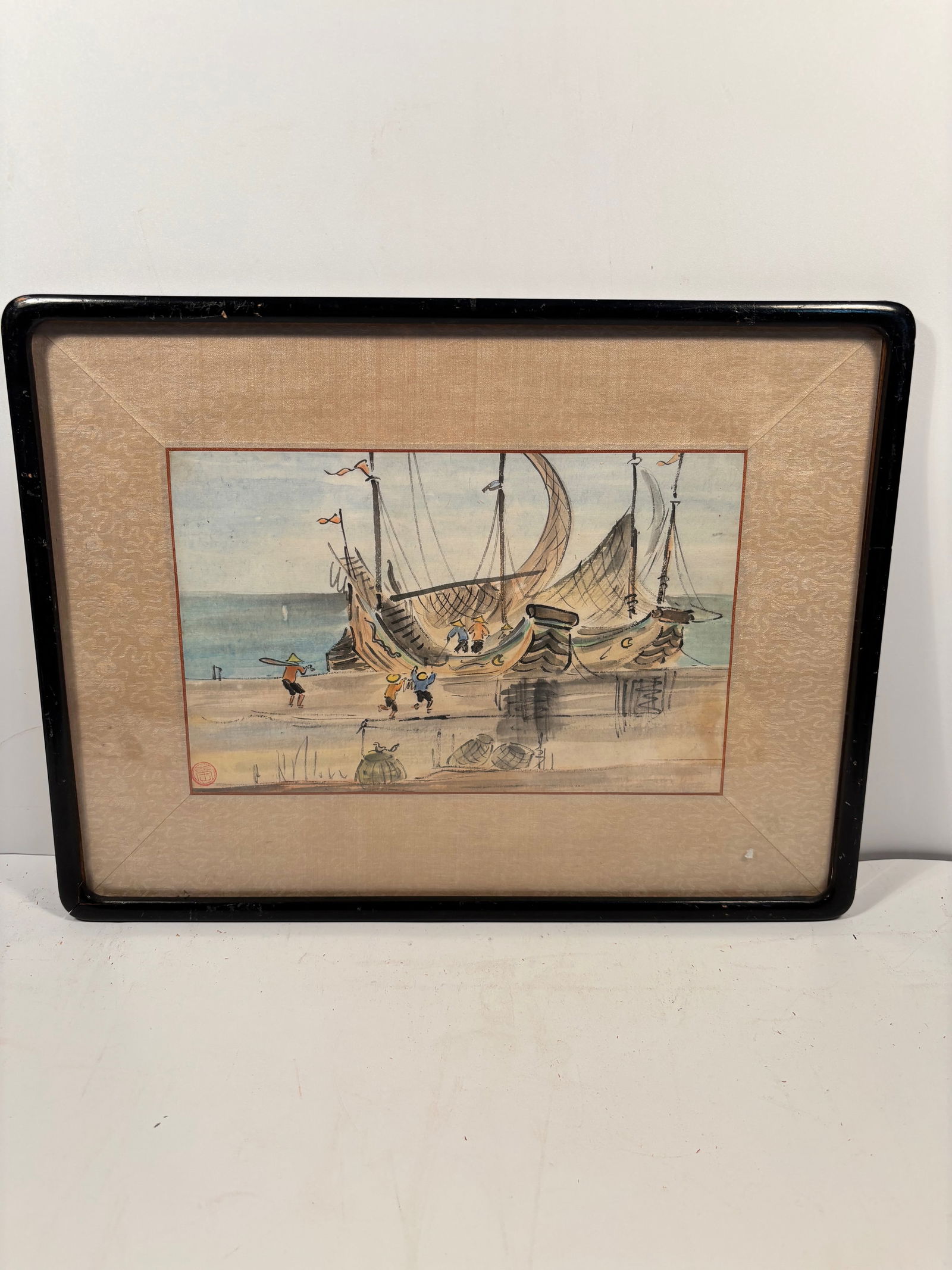 A Chinese water color painting "Fishing Village by the shore" ,unknown artist (1 of 8)