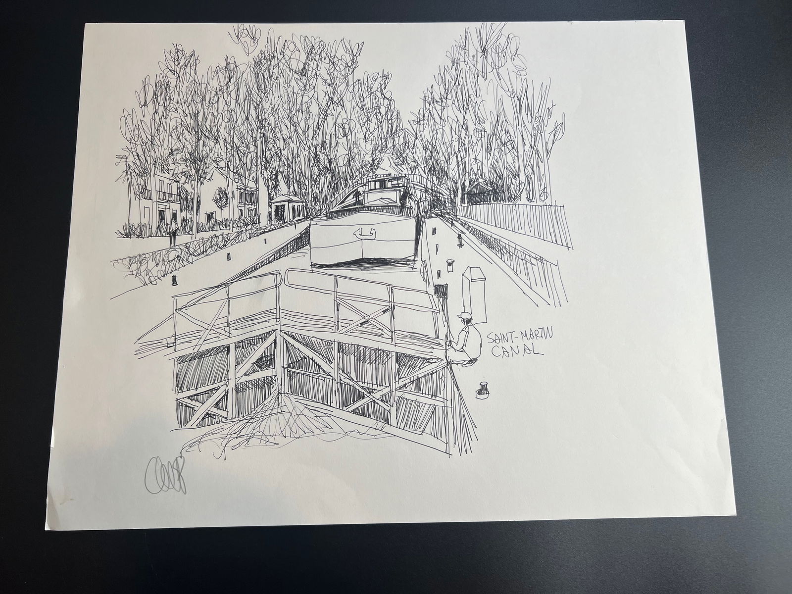 Pen-and-ink architectural Sketch “Saint-Martin Canal?? Paris France " signed by William: William Orlandorf (American, 1924-1996), was a lifelong Chicago resident and world recognized artist sketched and painted Chicago and the cities of Europe for over 30 years. Bill's style is neo-impres