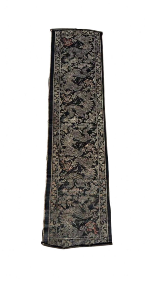 A Chinese silk brocade textile featuring five-clawed imperial dragons.: Qing Dynasty (1644-1912) ;Chinese silk brocade featuring five-clawed imperial dragons, woven in metallic threads on a black background; Dimensions?Length:50 inches ; Width: 13 inches.